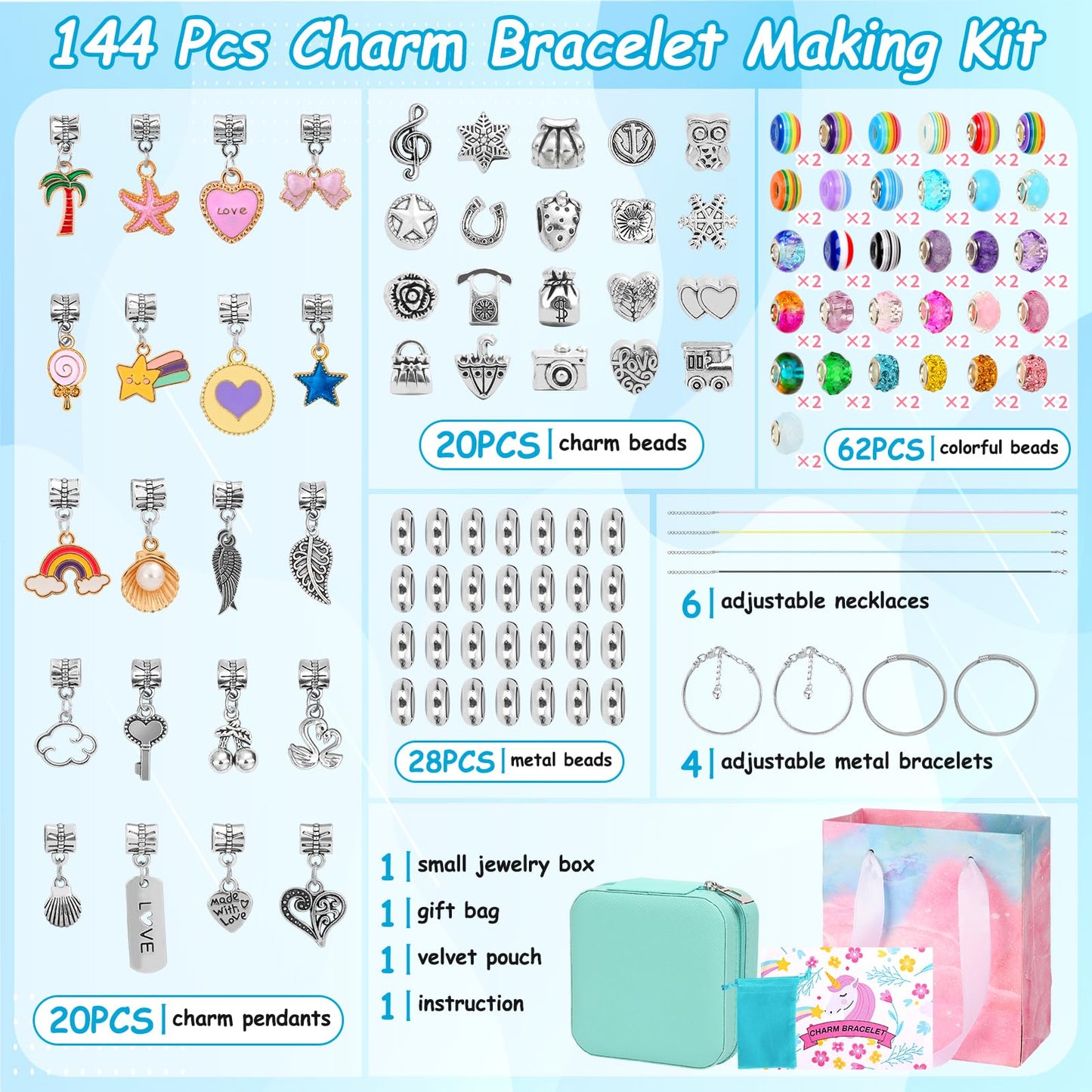 Charm Bracelet Making Kit for Girls, Kids Charm Bracelet Making Kit with Jewelry Gift Box for Girls Sister, Necklace Arts Crafts