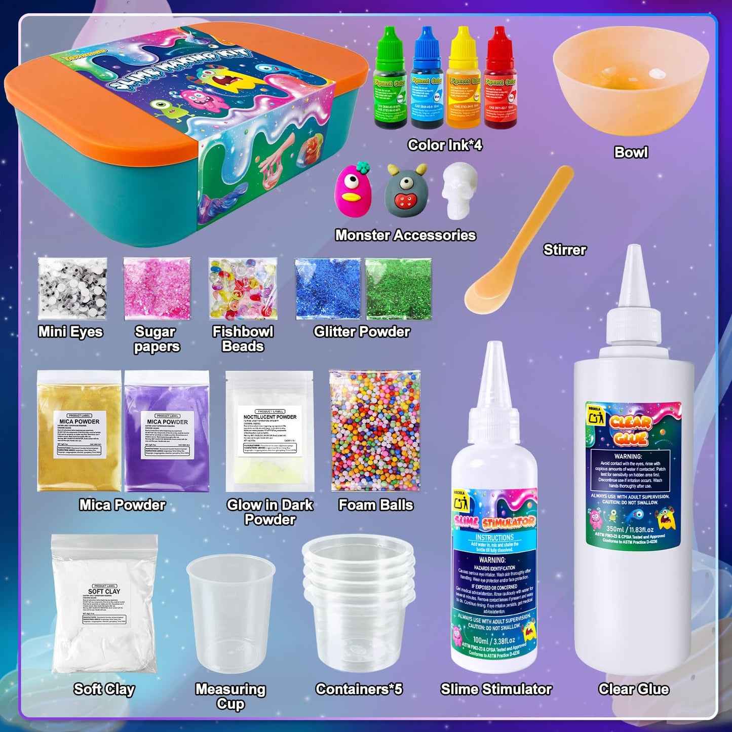 YOPINSAND Monster Slime Kit for Girls  Galaxy Slime Making Kit for Girls Boys 3-12  Glimmer Crunchy  DIY Slime Kit with Add-ins  Foam Balls  Charms  Glitters Party Favors Gift Toys for Kids