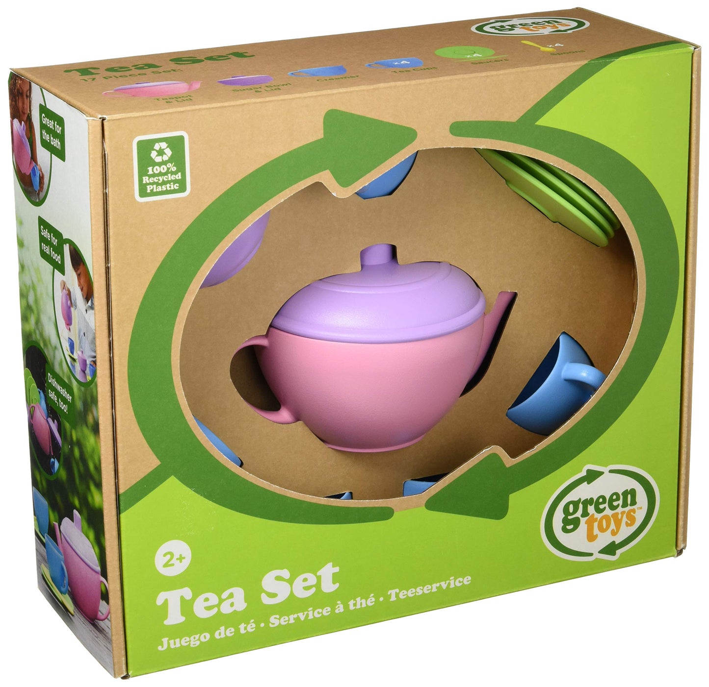 Green Toys Tea Set, Pink 4C - 17 Piece Pretend Play, Motor Skills, Language & Communication Kids Role Play Toy. No BPA, phthalat