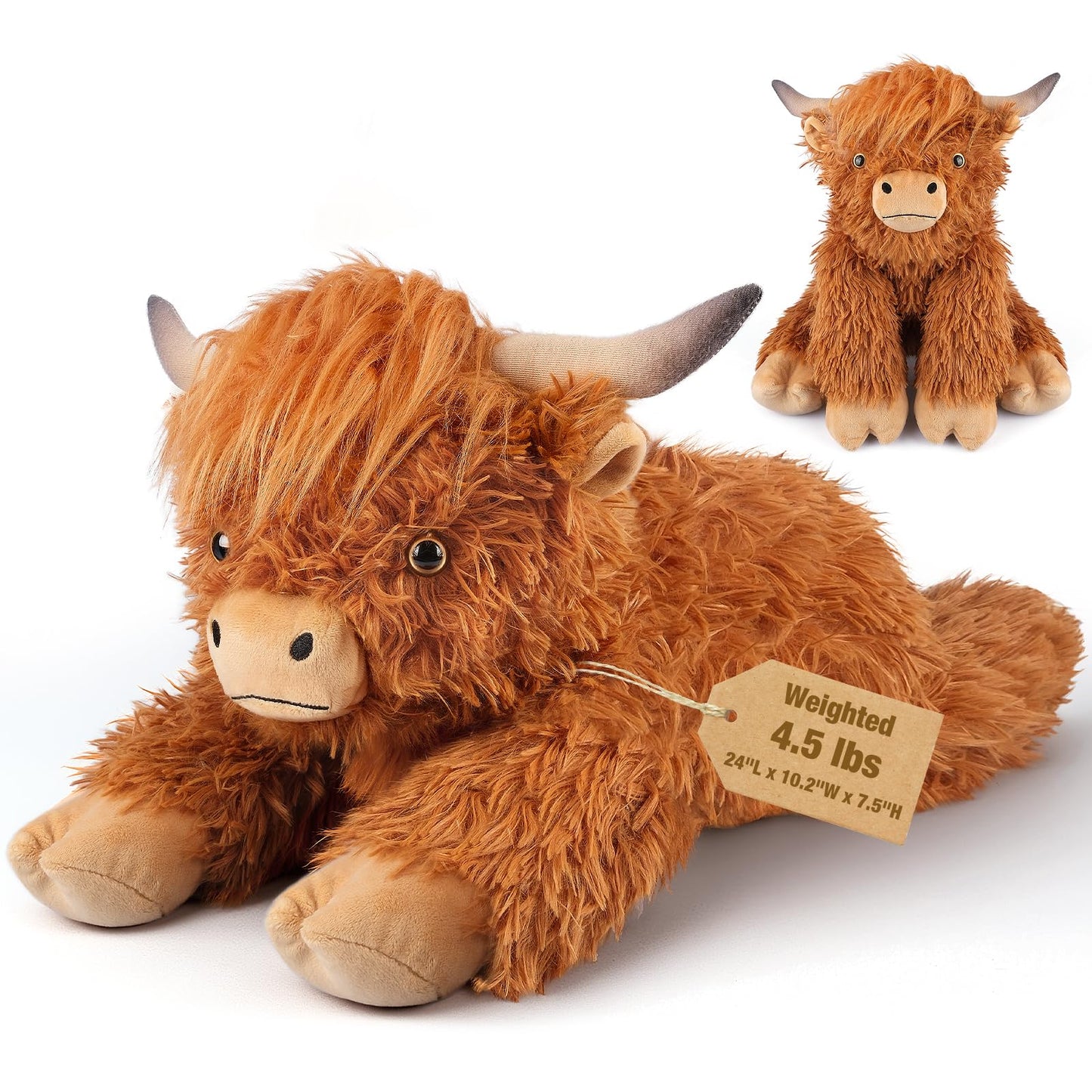 24 & 4.5 lbs Highland Cow Weighted Stuffed Animal  Adjustable Sitting & Laying Plush Toy Pillows with Removable Ceramsite Bag for Companion  Cuddly & Soft Gifts for mature-themeds  Kids  Boys and Girls