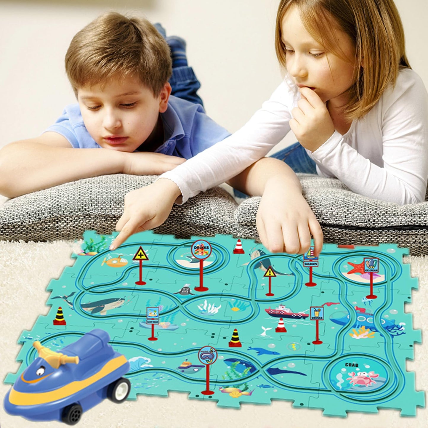 25Pcs Puzzle Racer Kids Car Track Set, Ocean Series Jigsaw Puzzle Racer Car Track Set Puzzle Track Car Play Set Preschool Gifts