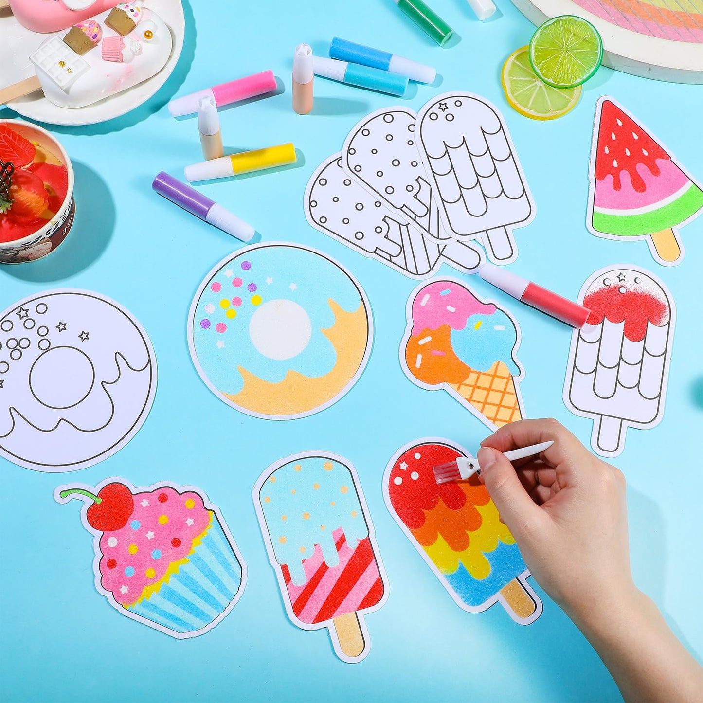 VercanMonth 30 Sets Sand Art Kit Crafts for Kids 30 Sand Art Pictures with 23 Colored Sands DIY Sweet Treat Craft Paintings with