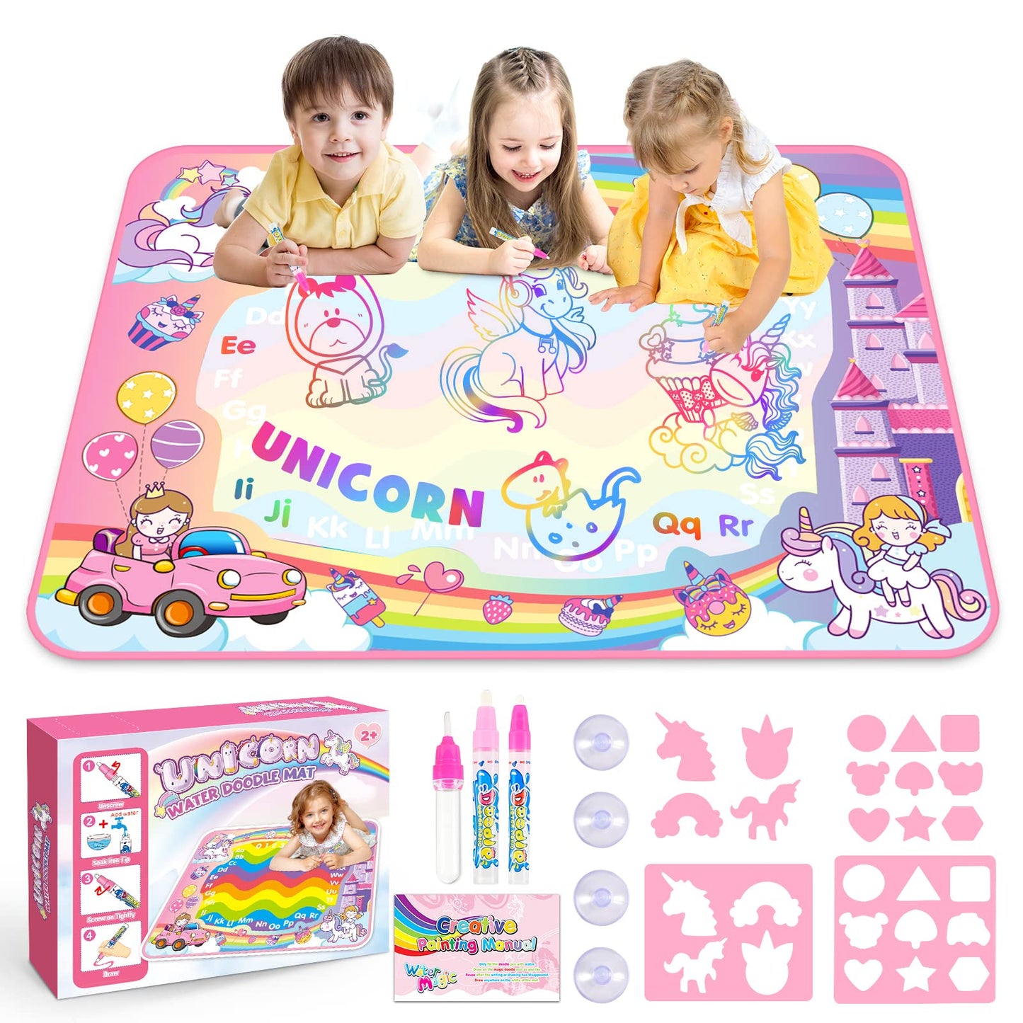 Toddler Toys For 2 3 4 5 Year Old Kids Boys Girls, Unicorns Gifts For Girls Water Doodle Mat Preschool Educational Learning Toy Doodle Drawing Mat Birthday Gift Easter Basket Stuffers For Kids Age 2-5