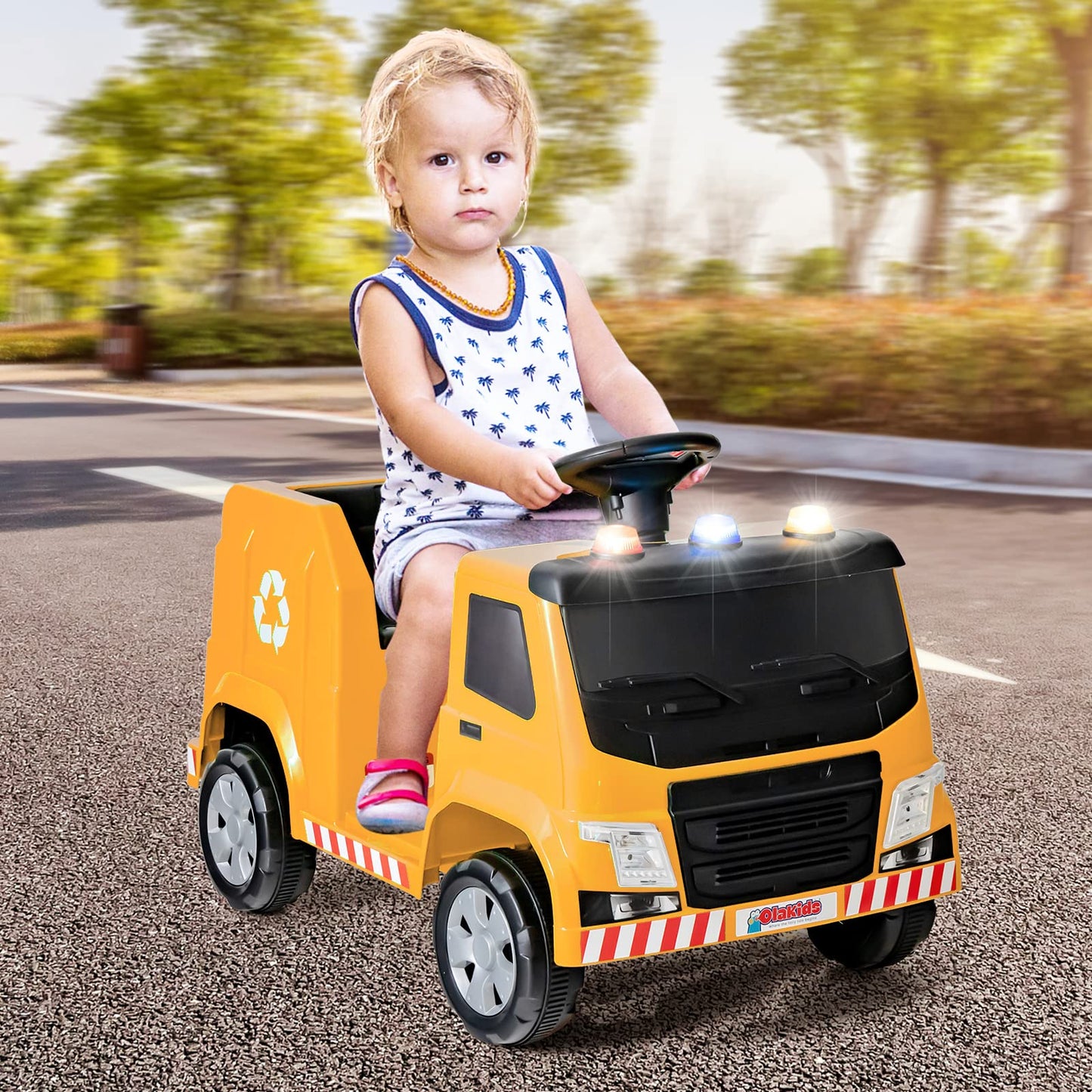Olakids Ride On Car, 6V Recycling Garbage Truck Electric Vehicle With Music, Horn, Warning Lights, Recycling Accessories Included, Toddlers Battery Powered Trash Toy For Boys Girls (Yellow)