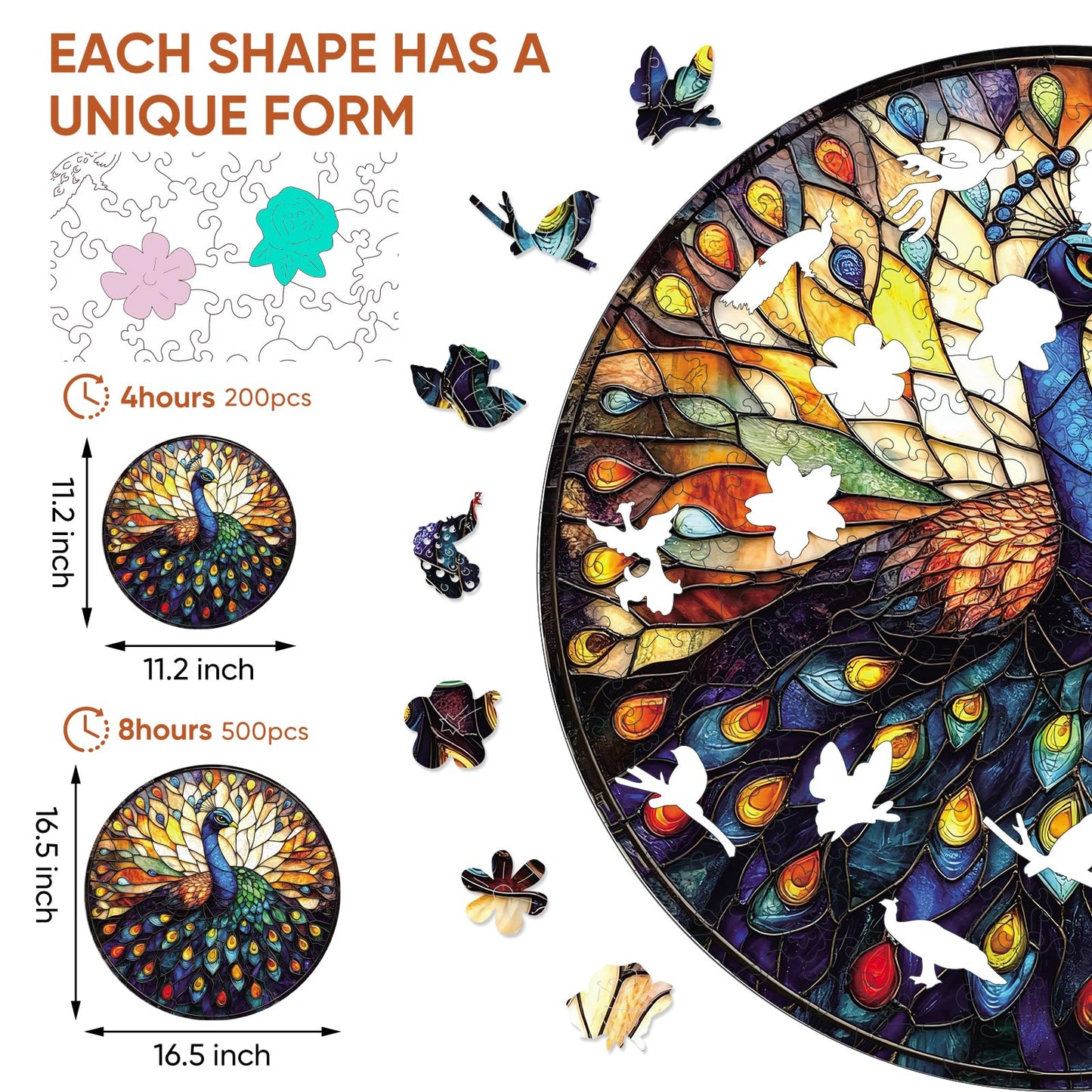 Qiuenisray Wooden Puzzles for mature-themeds  Stained Glass Peacock Jigsaw Puzzles  200 Pieces Unique Shape mature-themed Puzzles  Irregular Christmas Thanksgiving Gifts for Family Friend (11.2 x 11.2 in)
