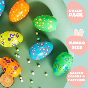 Joyin 12 Pcs 7' Jumbo Plastic Easter Eggs, Bright Solid 6 Assorted Colors Printed Empty Eggs For Filling Treats Easter Party Favor Hunt Basket Stuffers Fillers Classroom Prize Supplies Toy