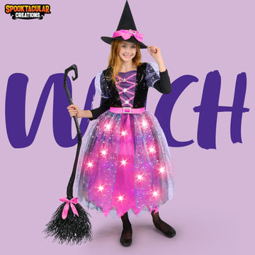Spooktacular Creations Witch Costume Kids  Light Up Halloween Costumes Witch Dress with Hat and Broom for Girls  Sweet Wizard Set for Toddler Scary Halloween Themed Parties  Pink  S