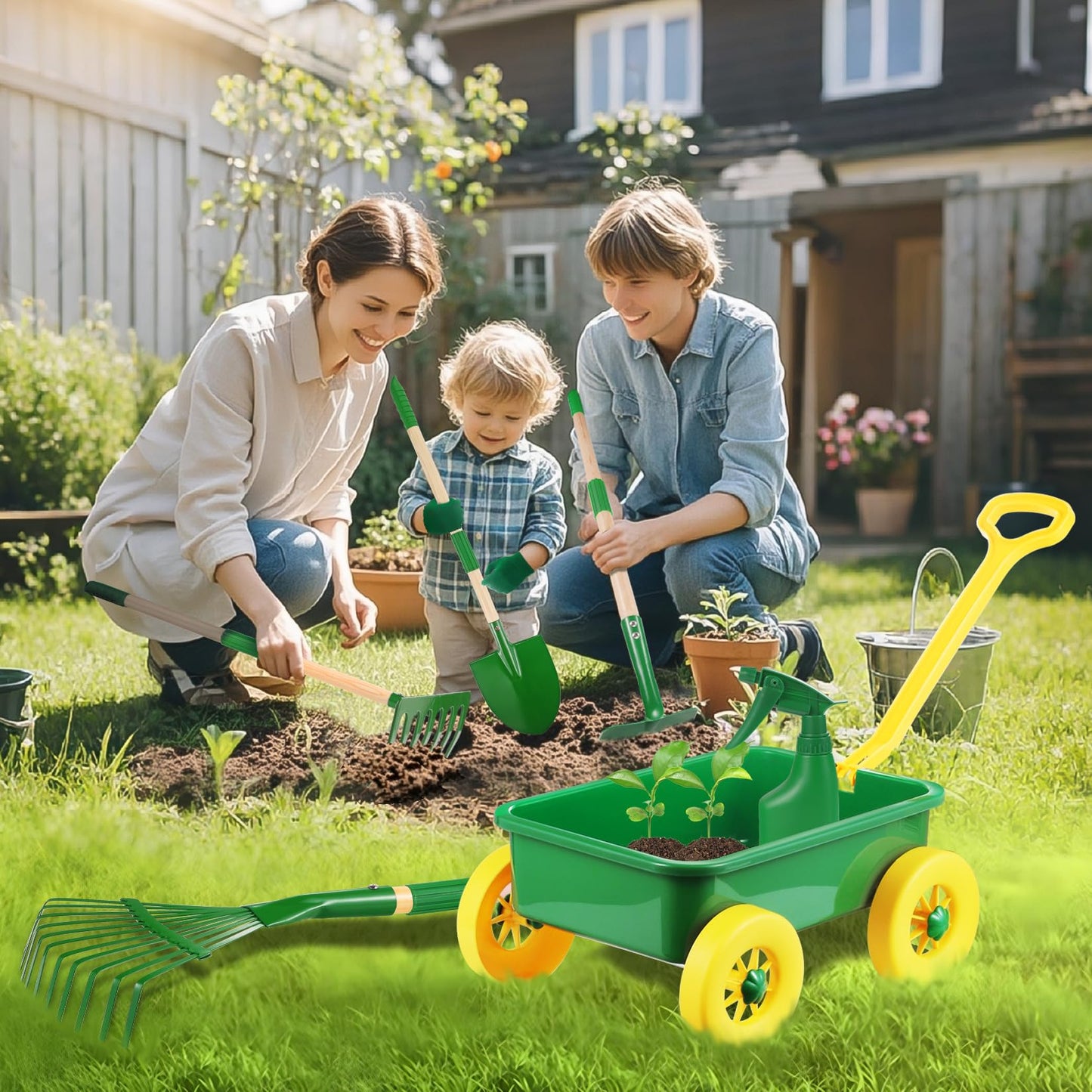 Duckura Kids Gardening Tools Set - 7pcs Wheelbarrow Set for Kids with Shovel  Rake  Leaf Rake  Outdoor Yard Digging  Toys  Christmas Birthday Gifts for Boys Girls Age 3 4 5 Years Old(Yellow)