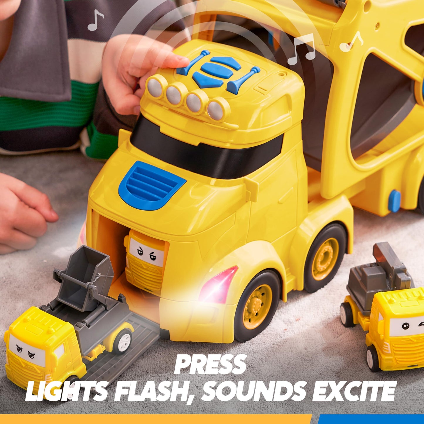 VROOMIX 3-Layer Extra Large Construction Truck Toys for Boy Girls, 7-in-1 Big Transport Vehicle Carrier Truck with Directional T