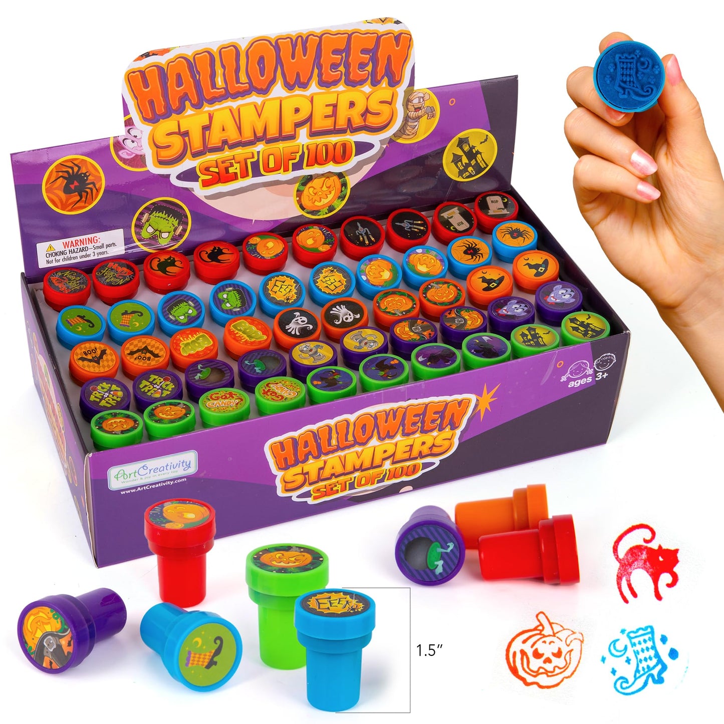 ArtCreativity Bulk Halloween Stampers for Kids - Set of 100 Halloween Stamps - Assorted Trick or Treat Stamper Designs for Hallo