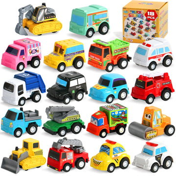 Fajiabao 18 Pcs Toddler Toys Cars for 1-3-5 Mini Pull Back Cars Small Toy Trucks Toddler Party Favors Pinata Filler Goodie Bags 