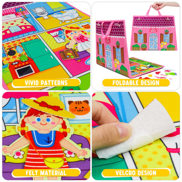 OKOOKO Dress Up House Felt Board 35PCS Double-Sided Foldable Dress Up Teaching Girls Toy Preschool Crafts Storytelling Early Lea