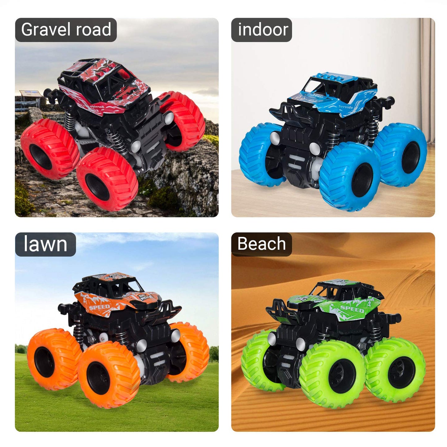 LONANDY 4 Pack Monster Truck Toys for Boys and Girls - Friction Powered Push and Go Toy Cars, Inertia Car Toy Set Stunt Toy Vehi