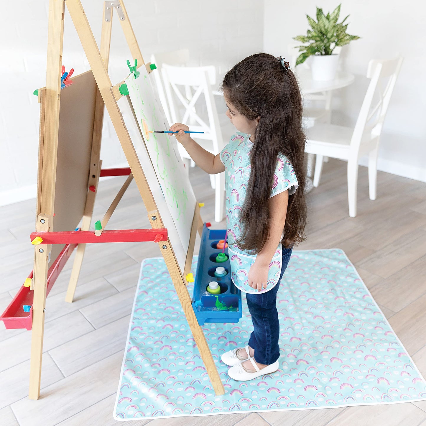 Bumkins Short Sleeve Smock, Toddler Reusable Waterproof Bib For Girls And Boys Ages 3-7 Years, Junior Childrens, Kids Paint Apron, Arts, Crafts And Play With Pocket, Soft Fabric, Rainbows Blue