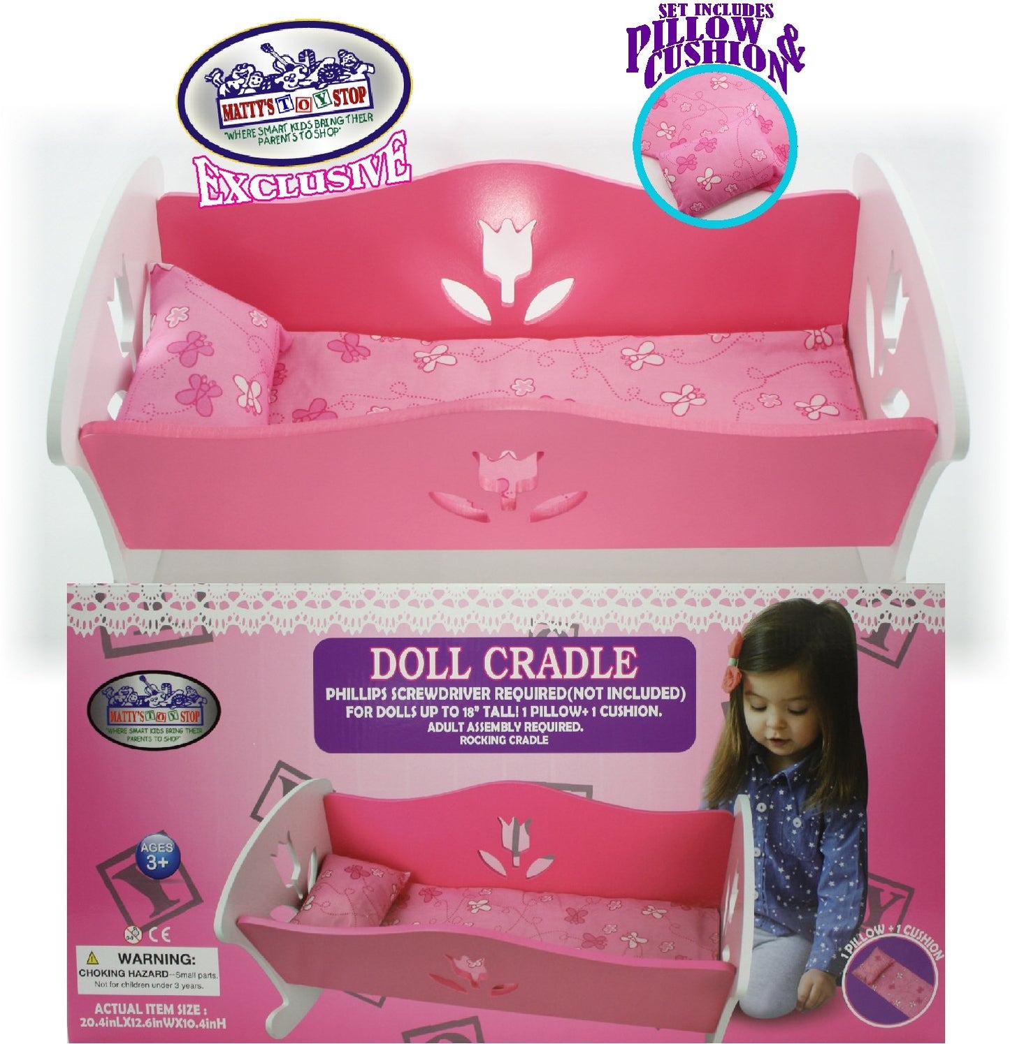 Matty'S Toy Stop 18 Inch Doll Furniture Wooden Doll Rocking Cradle (Crib) With Pink Pillow & Cushion - (18' Pink/White Floral) Fits American Girl Dolls