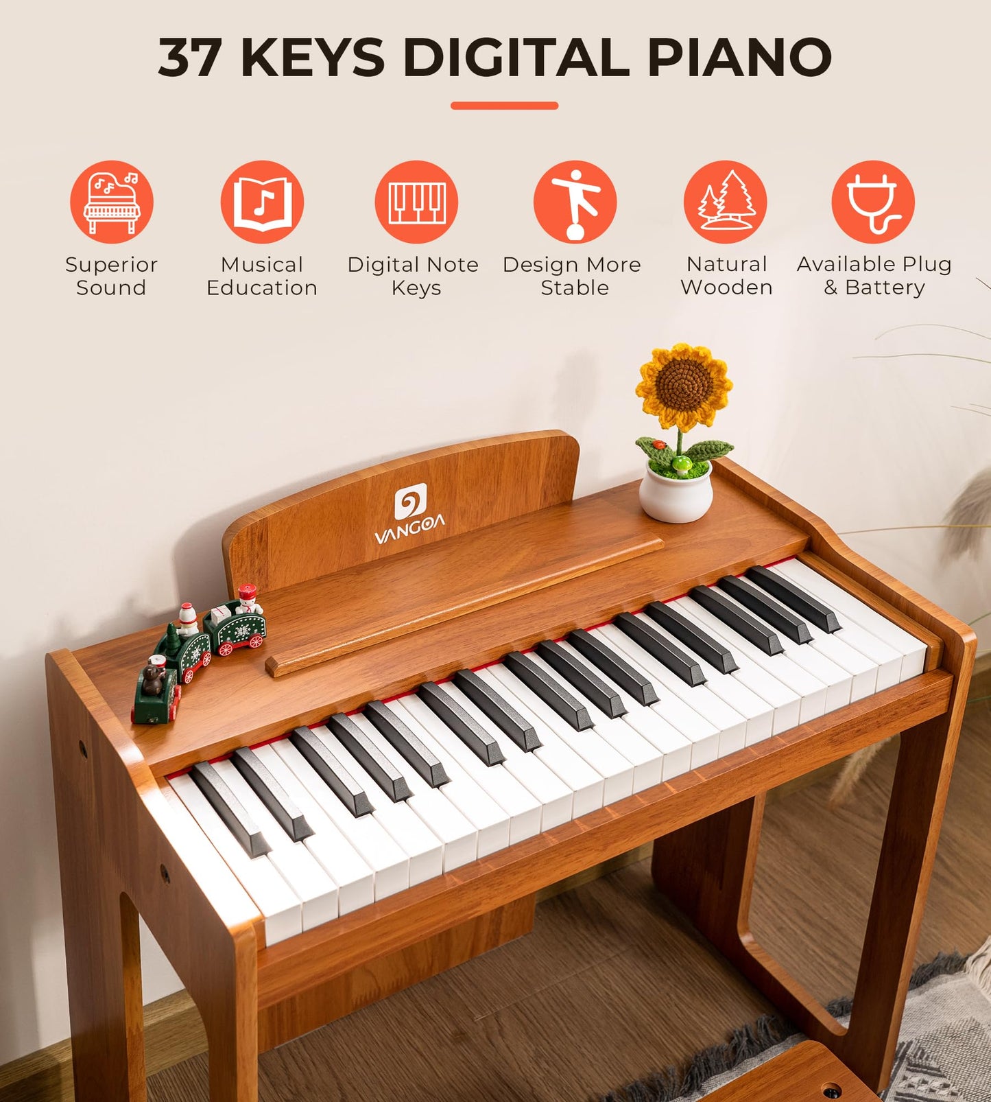 Vangoa Kids Piano Keyboard, 37 Keys Wood Digital Piano For Kids, Music Educational Instrument Toy, For Girls And Boys, Solid Wood Yellow