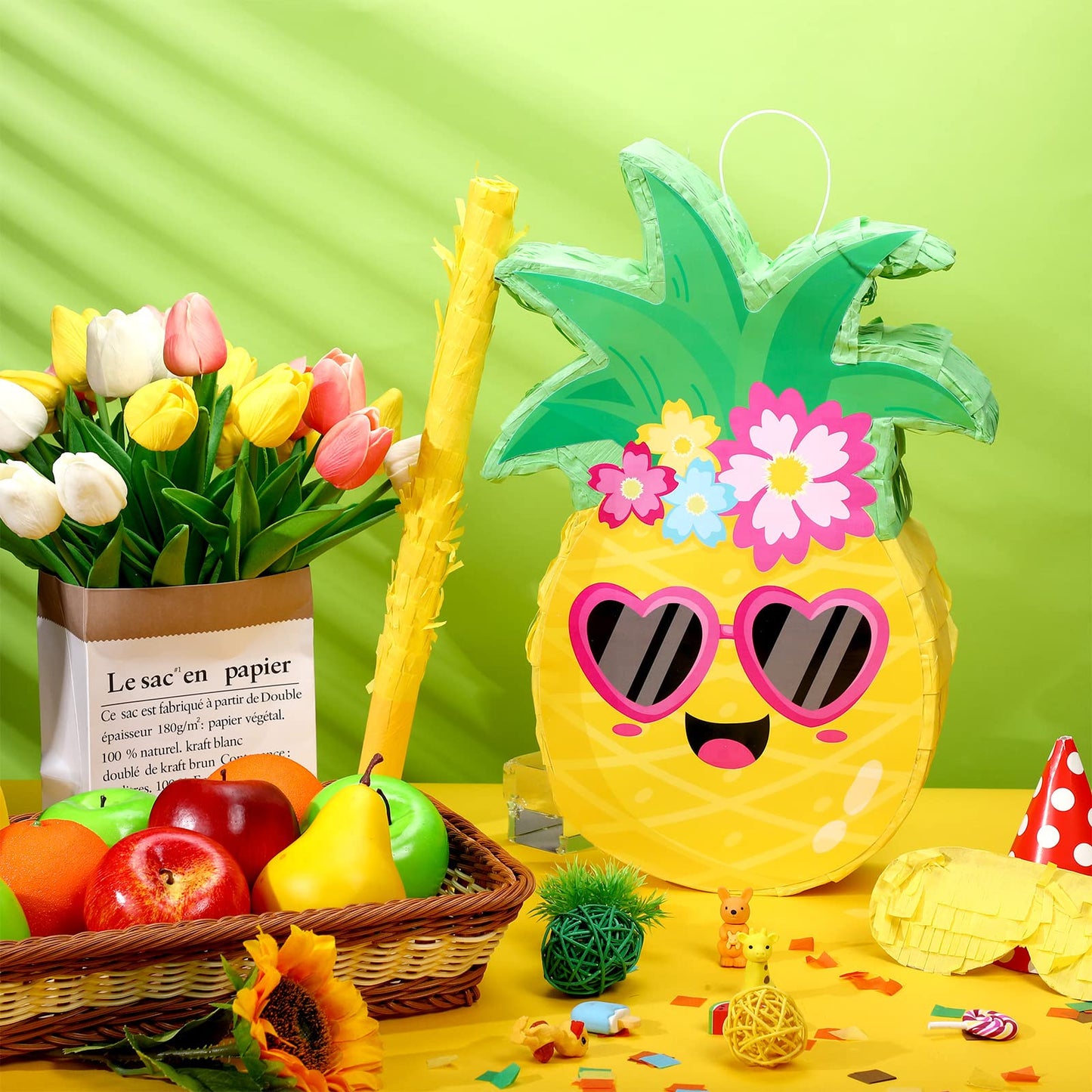 Threan Small Pineapple Piñata Summer Fruit Piñata With Blindfold Bat For Hawaiian Tropical Luau Party Supplies Pineapple Themed Birthday Decorations, 16.5 X 11.2 X 3.1 Inch