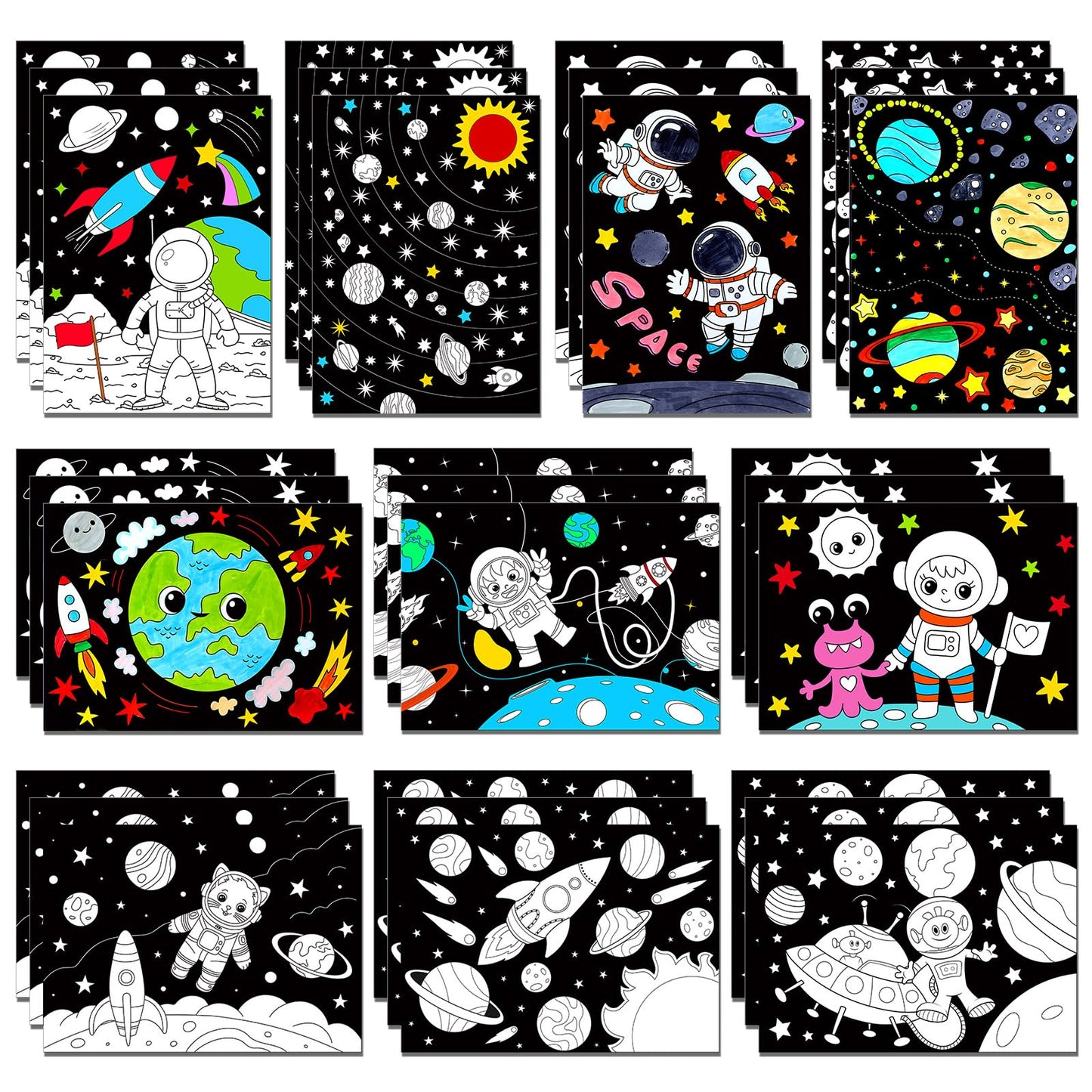 Zhanmai 30 Pcs Color Your Own Funny Outer Space DIY Posters Star Planet Astronaut Spacecraft Instrument Crafts Bulk Space Wall A