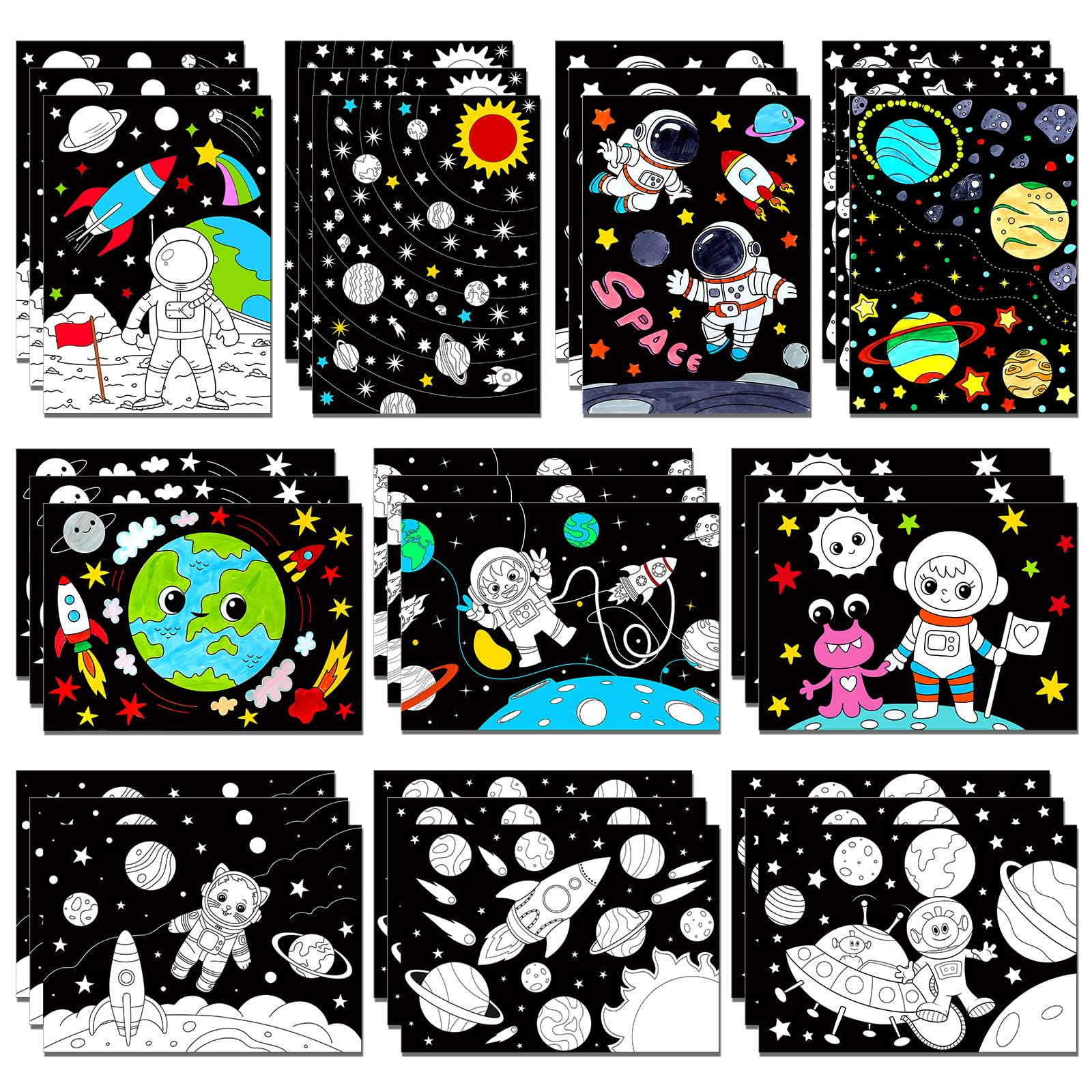 Zhanmai 30 Pcs Color Your Own Funny Outer Space DIY Posters Star Planet Astronaut Spacecraft Instrument Crafts Bulk Space Wall A