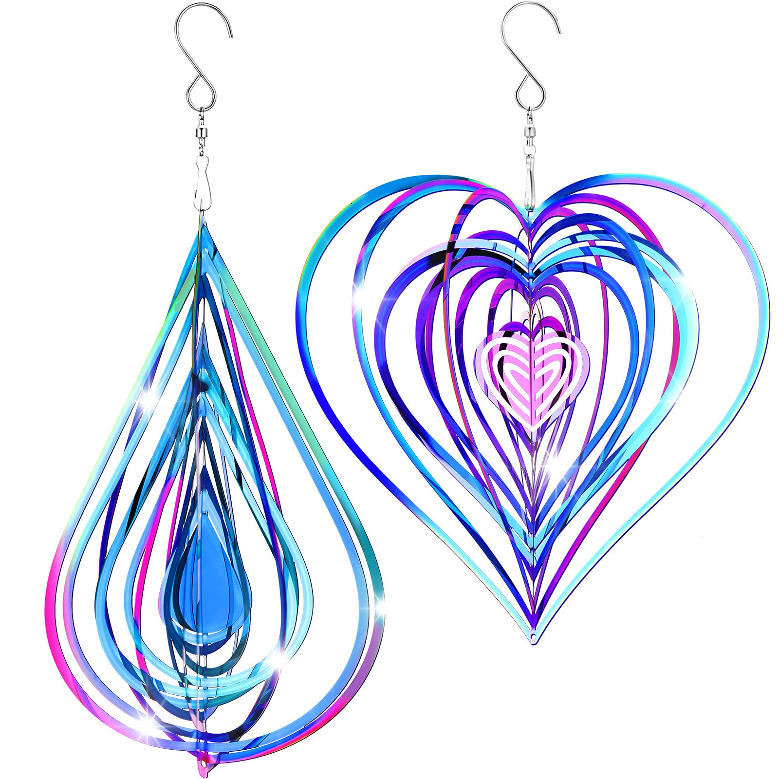 2 Pieces Wind Spinner 3D Hanging Wind Sculptures Outdoor Metal Flowing Stainless Steel Mirrored Patio Wind Chime Decor For Yard