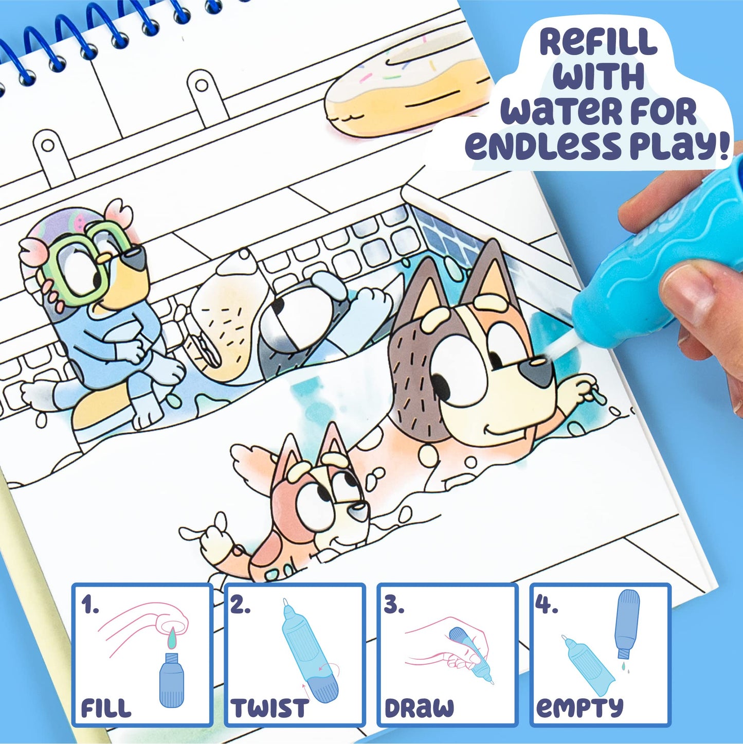 Horizon Group USA Aqua Art - Reusable Water Reveal Pages, 6"x9", Bluey, Model 214736, No-Mess Drawing and Coloring
