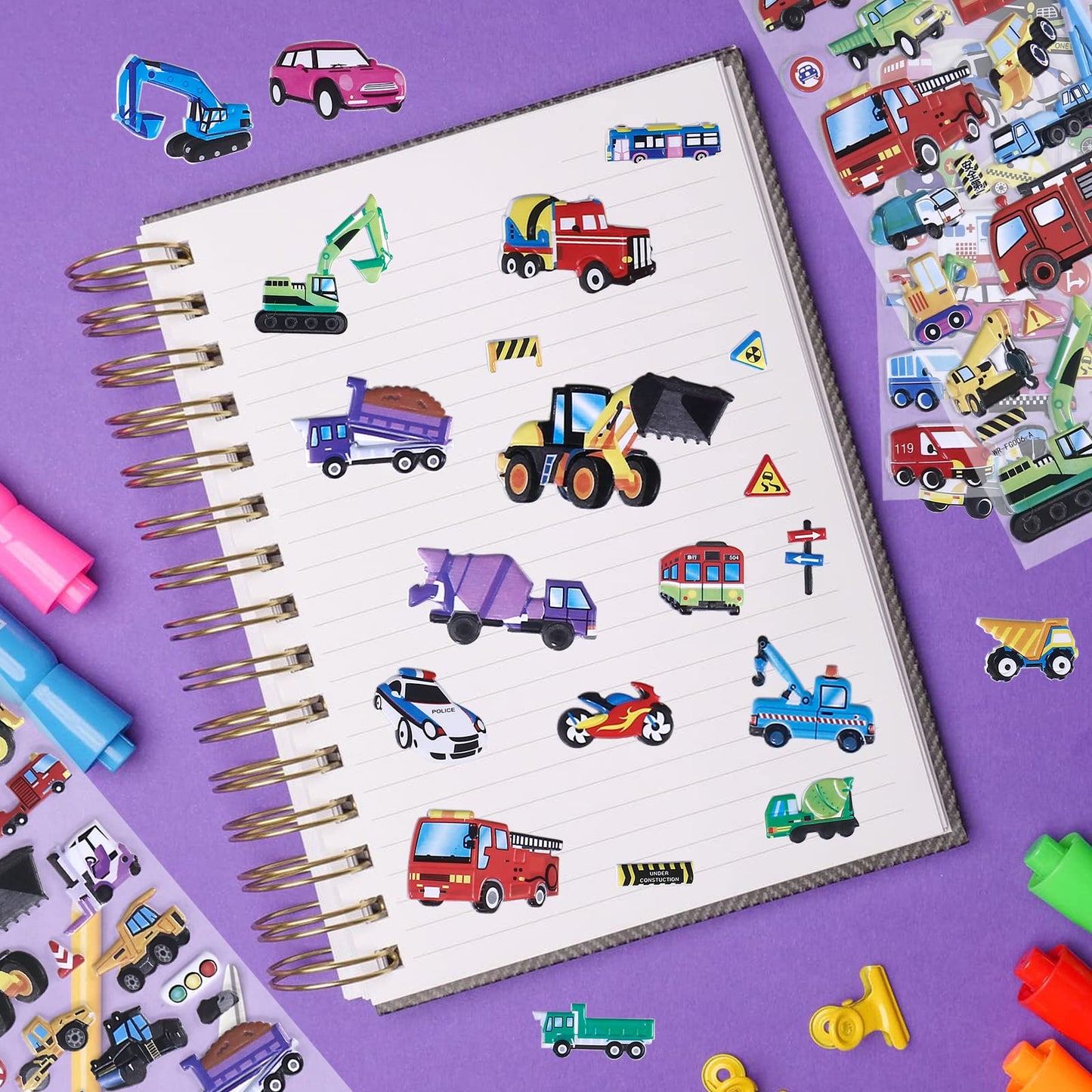Shangrla Puffy Vehicle Sticker For Kids Toddlers - 3D Puff Car Stickers For Boys Reusable Foam Stickers With Construction Truck,Tractor,Fire Truck,Police Car,Bus,Transportation Stickers Bulk,4 Sheets.