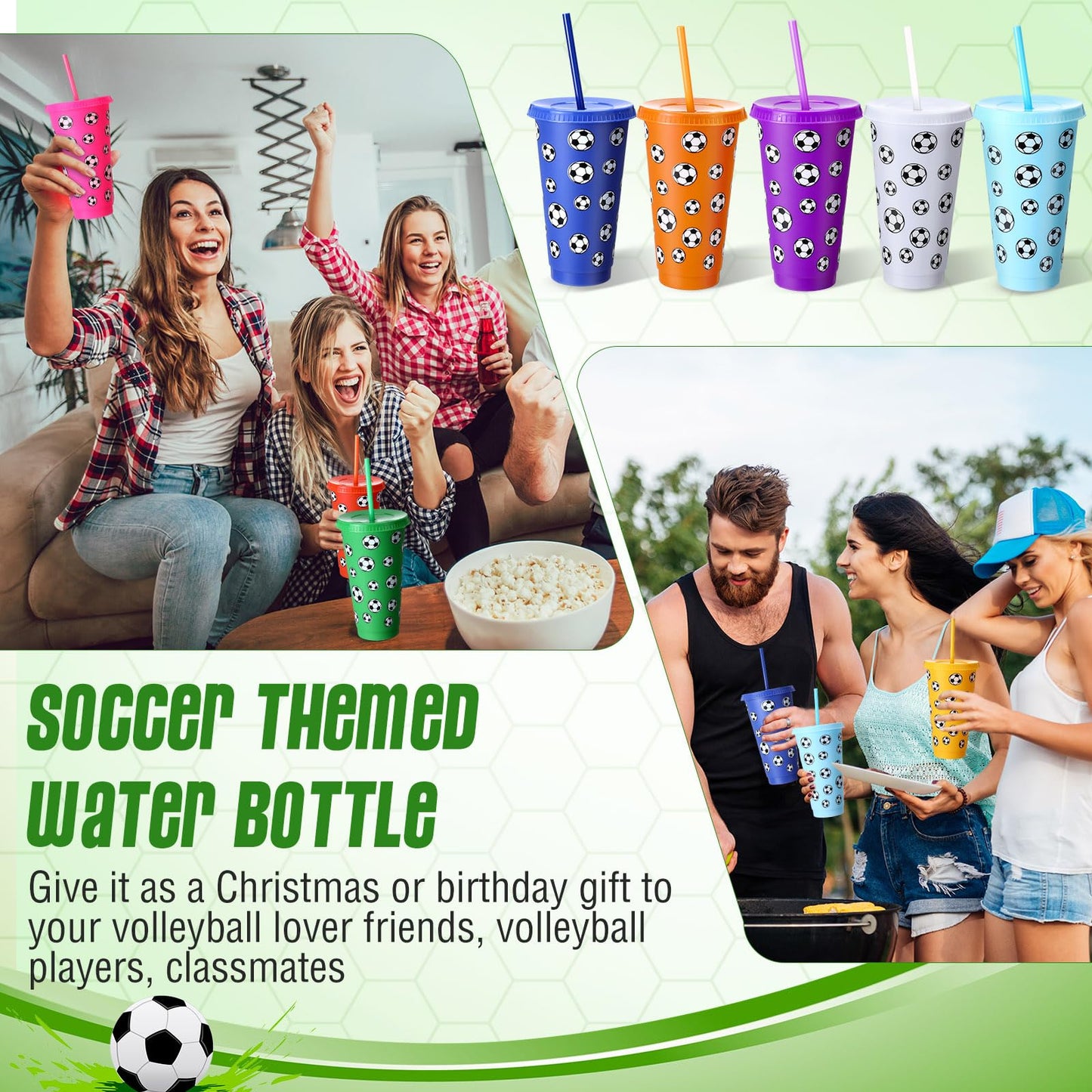 Potchen 20 Pcs Soccer Plastic Tumbler with Lid and Straw Christmas Cup Gift 24 oz Cups Reusable Sports Ball Plastic Cups for Soc