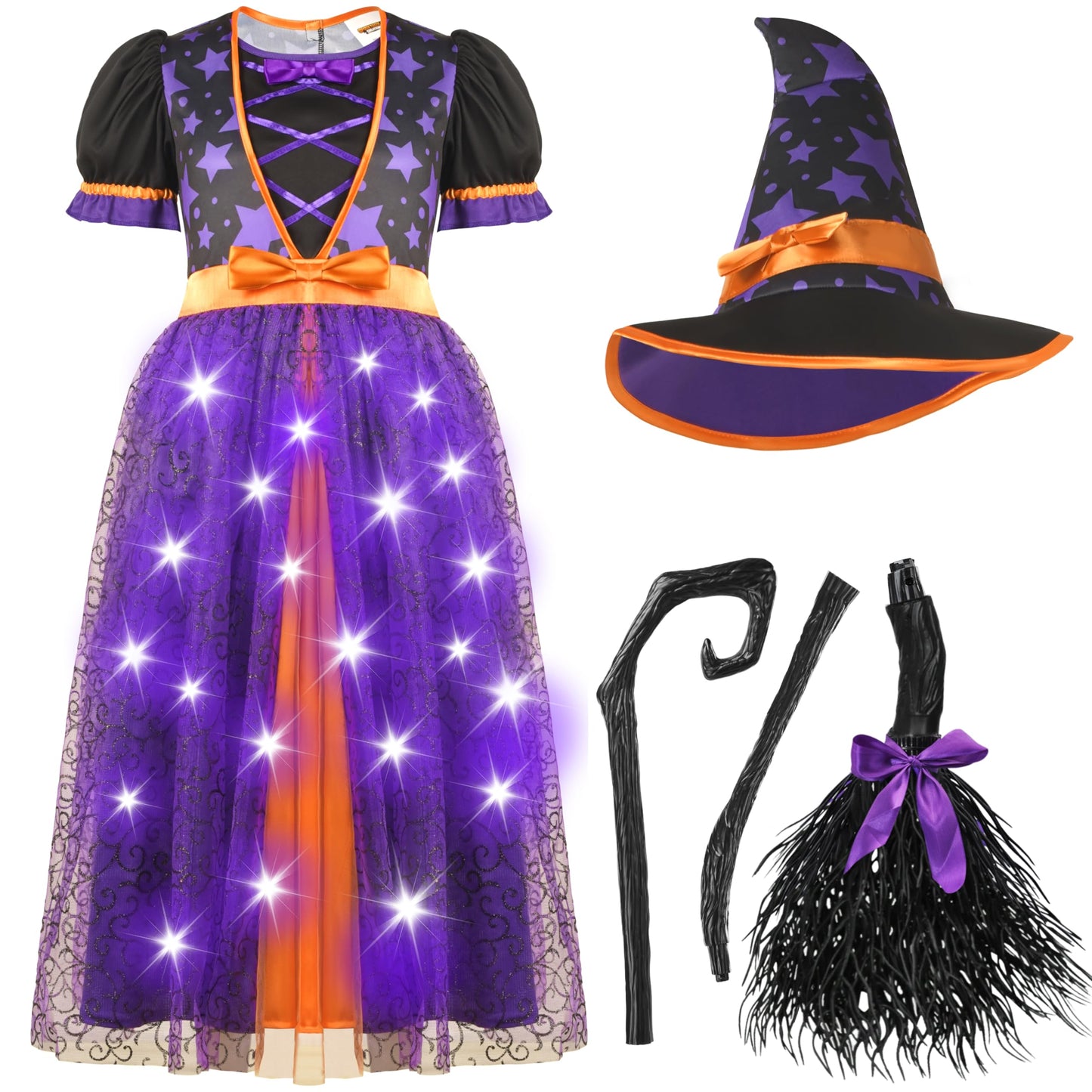 Spooktacular Creations Light Up Purple Witch Costume With Broom For Toddler Girls, Fairy Tale Witch Halloween Costume Dress Up (Small (5-7 Yr))