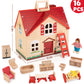 WOODMAM Foldable Wooden Dollhouse Set with 13 Furniture Pieces, 4 Rooms, Red, 1:12 Scale, Portable Handle, Ideal Christmas Gift for Kids