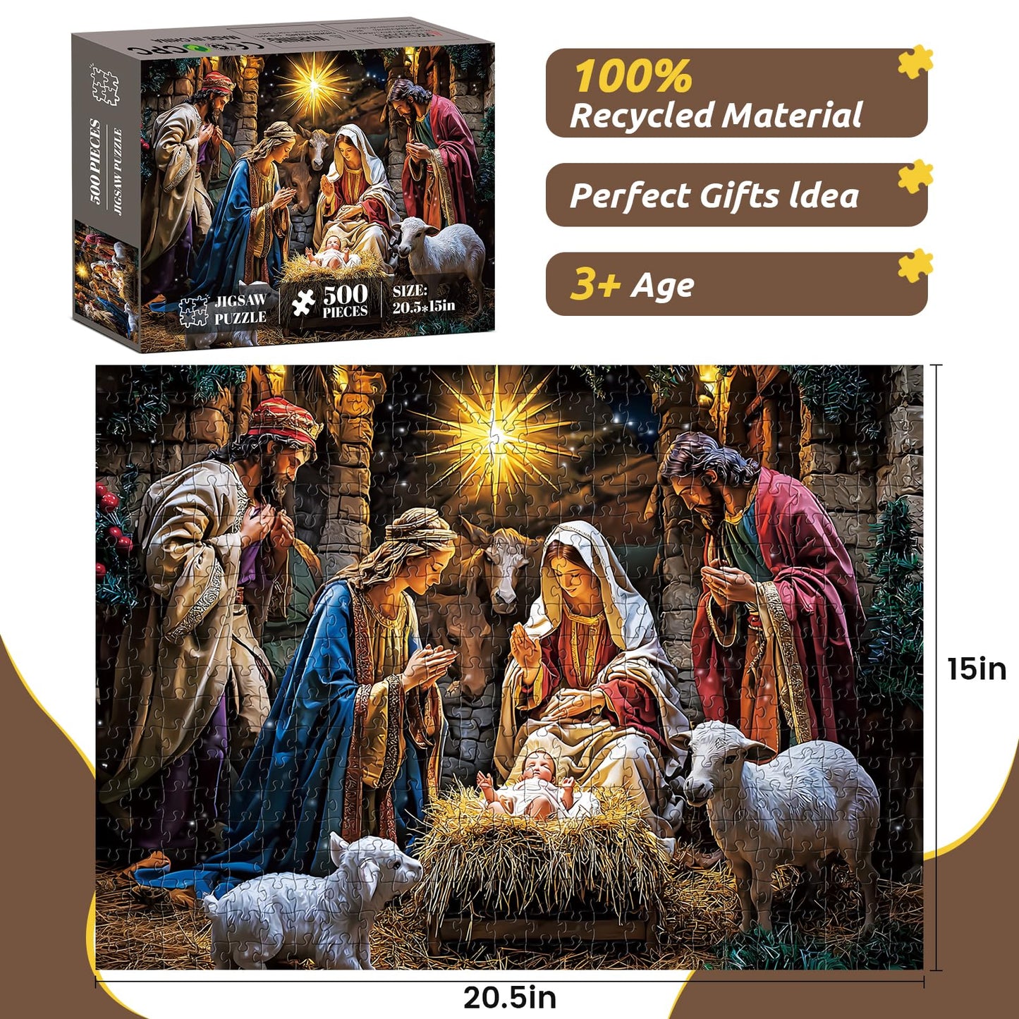 Najiaxiaowu 500 Piece Nativity Puzzle for Adults, Recycled Cardboard, 20.5 x 15 in, Challenging Holiday Game