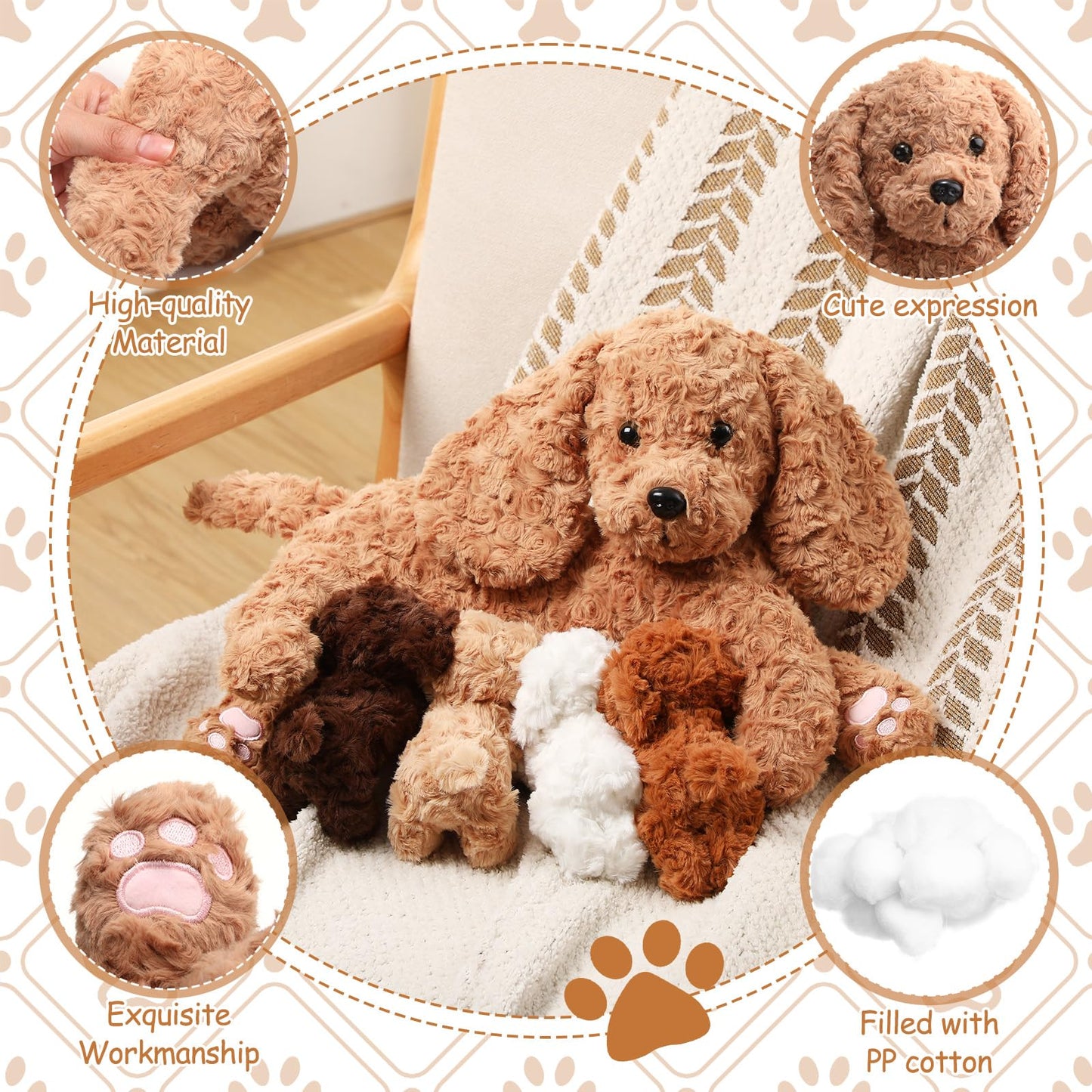 HyDren 5 Pcs Labradoodle Nurturing Dog Stuffed Animal Sets 15 Inch Soft Cuddly Labradoodle Plush Toys Nursing Mommy Dog with 4 P