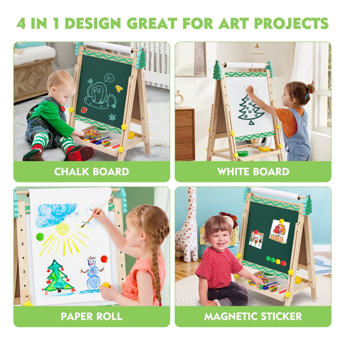 Kids Easel With Paper Roll Wooden Art Easel With Chalkboard & White Board Painting Accessories Storage Tray Double-Sided Board H
