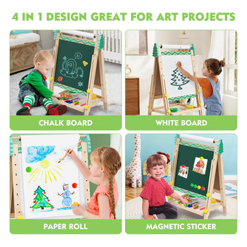 Kids Easel With Paper Roll Wooden Art Easel With Chalkboard & White Board Painting Accessories Storage Tray Double-Sided Board H
