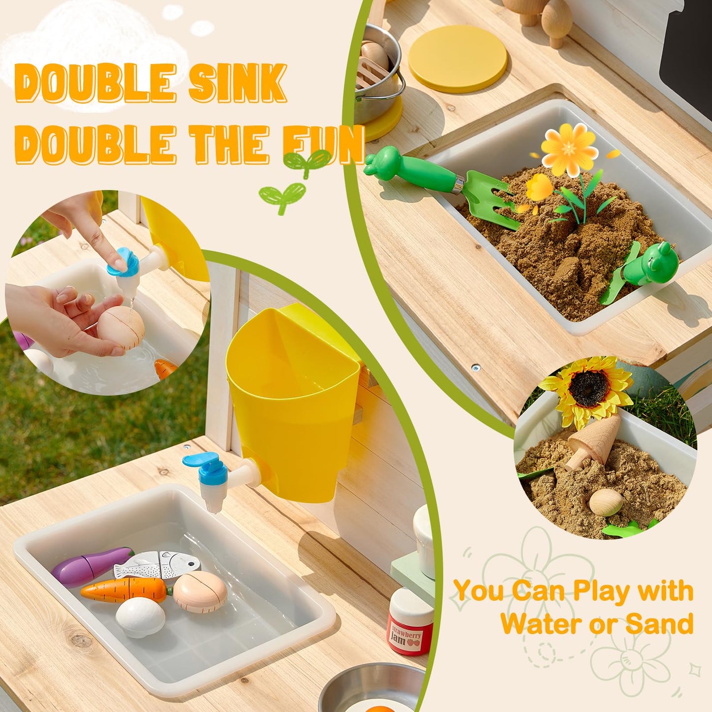 Giant Bean Mud Kitchen For Kids Outdoor, Deluxe Wooden Toy Play Kitchen Set, With Sand And Water Sink, Blackboard And Kitchen Ac