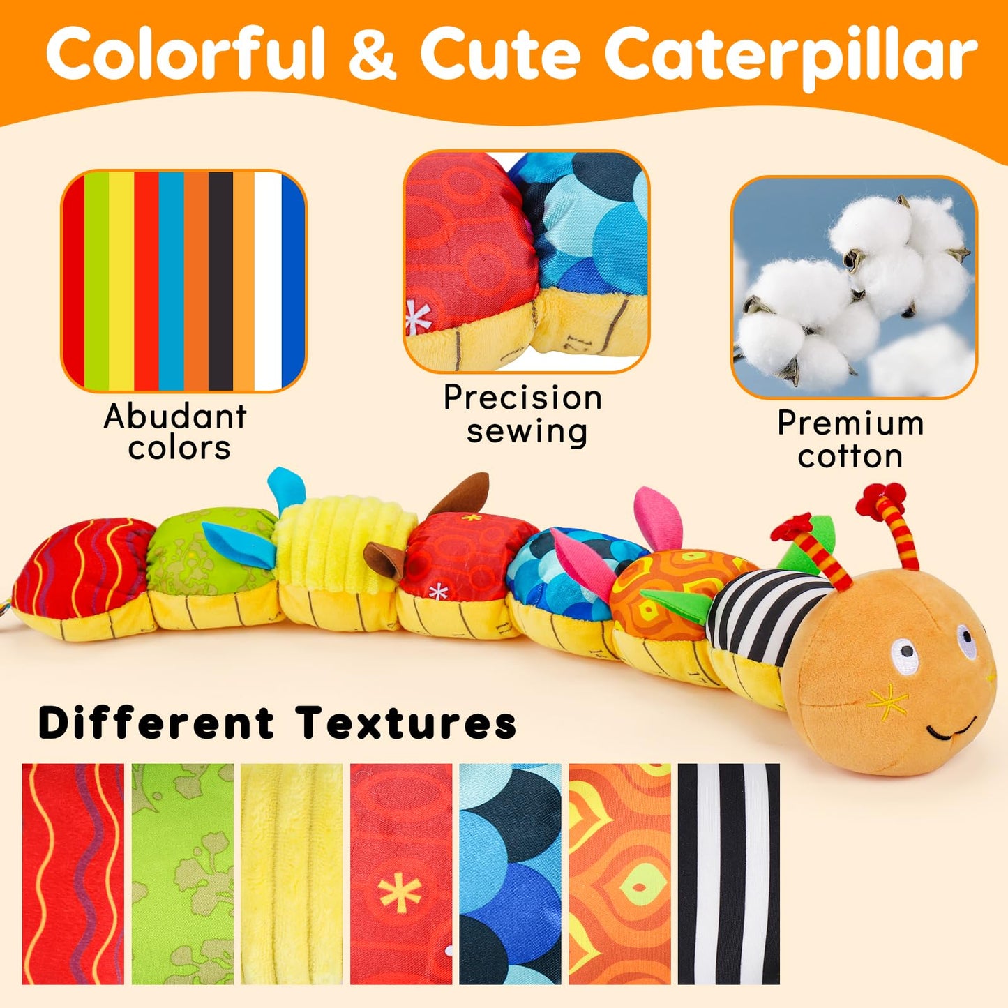Baby Sensory Caterpillar Toys 0-3 Month Music Animal Stuffed Plush Toy For Infant 0-3-6-12 Month Tummy Time With Crinkle Rattle