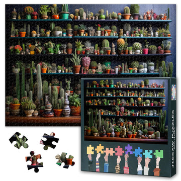 Puzzles for Adults, 1000 Piece Jigsaw Puzzles,Collection of Various Potted Mini Cacti on Shelves Hard Difficult Challenging Puzz