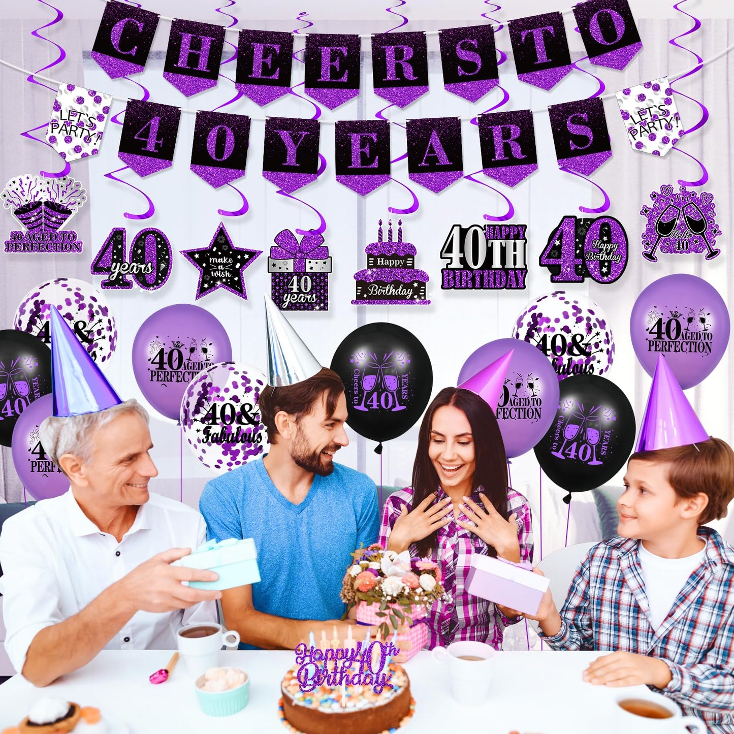Purple 40Th Birthday Decorations For Women Men Purple Black 40Th Birthday Banner Hanging Swirls 40Th Birthday Balloons Happy 40Th Birthday Cake Topper For Purple Cheer To 40 Years Party Supplies