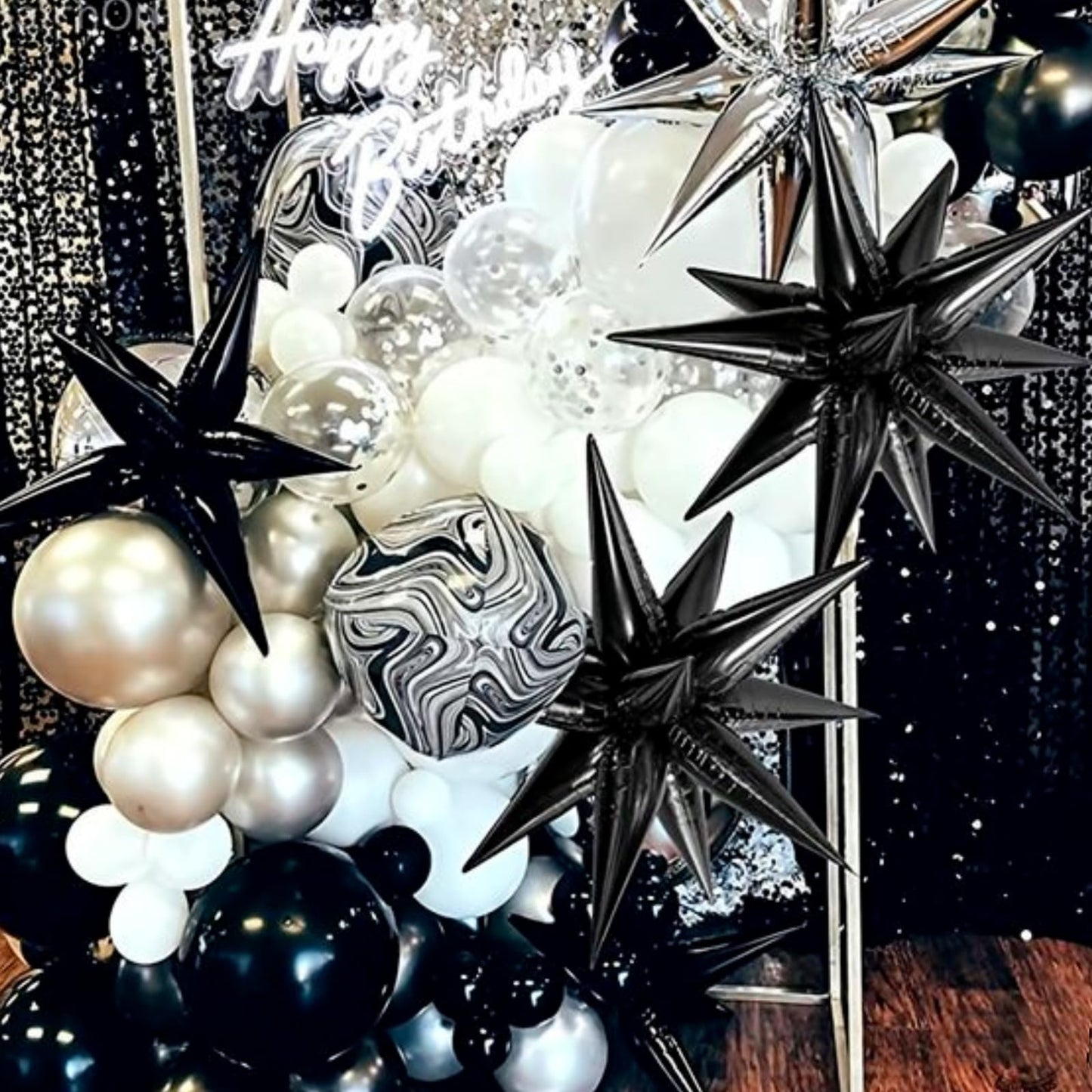 Partywoo Black Star Balloons, 2 Pcs 42 Inch Large 14-Pointed Starburst Balloons, One-Piece Star Explosion Balloons With Ribbon, Point Star Foil Balloons, Mylar Balloons For Birthday Party Decorations