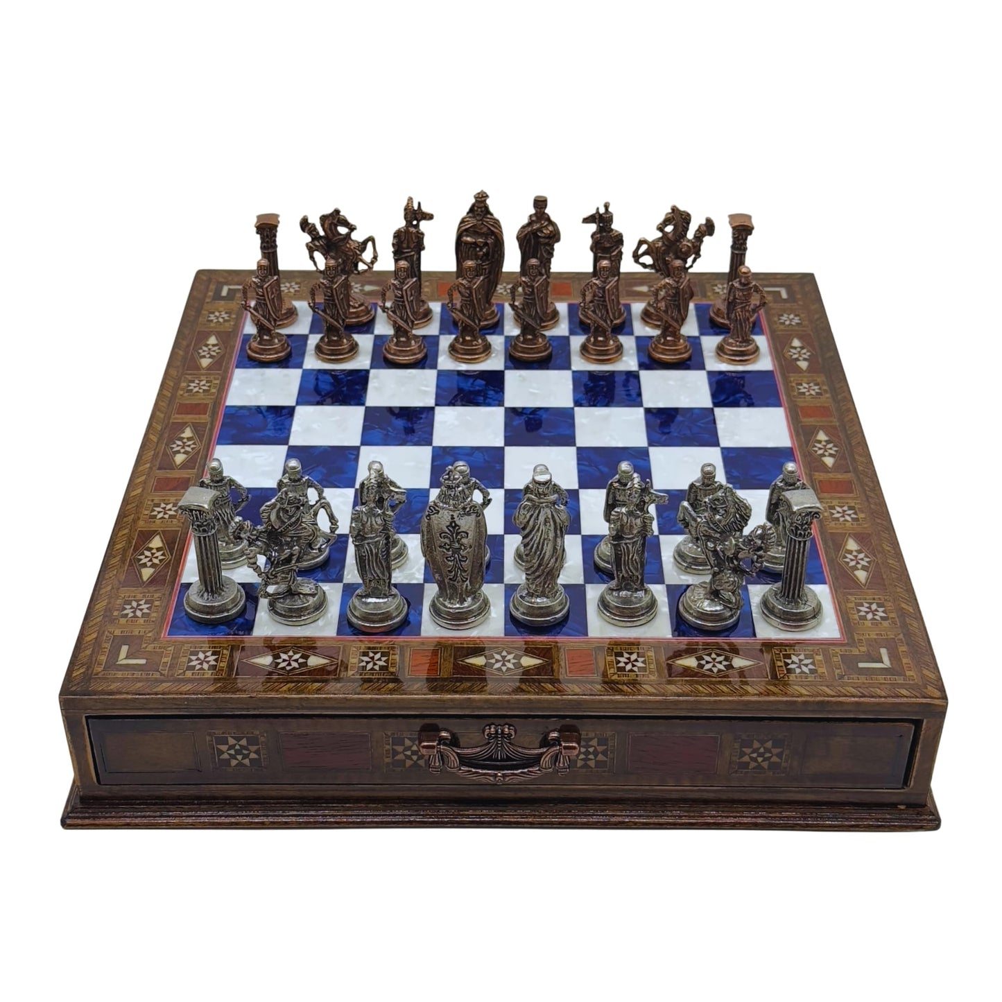 15 Handmade Chess Set With British Army Metal Chess Pieces, Luxury Storage Chess Board, For All Ages, Ideal For Father, (Blue)