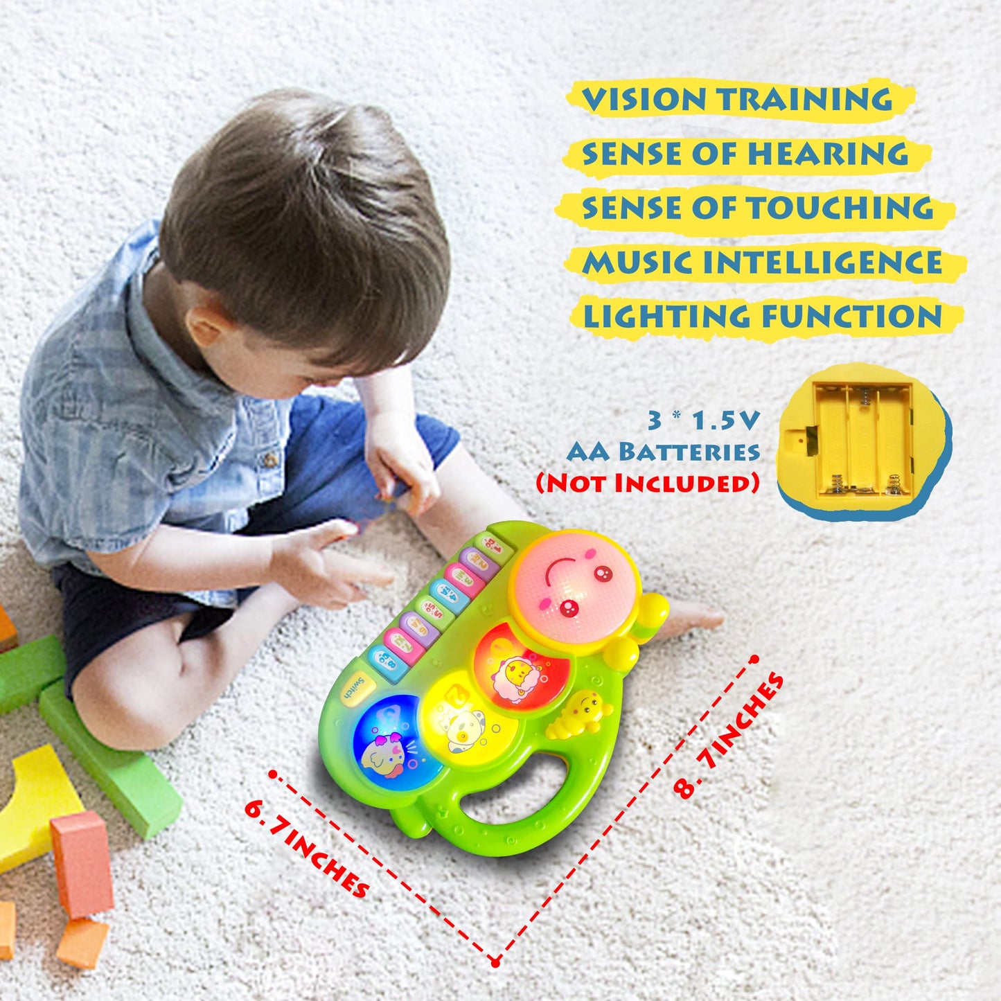 AMINFUN Baby Piano Drum 6-12 Months Toy, Caterpillar Piano Keyboard Drum Light Up Sound Musical Toy, Learning Educational Intera