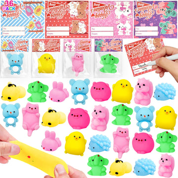 36 Pack Valentine'S Day Cards For Kids Prefilled Animals Mochi Squishies Toys Fidget Stress Relief Toys Squeeze Toys Valentines