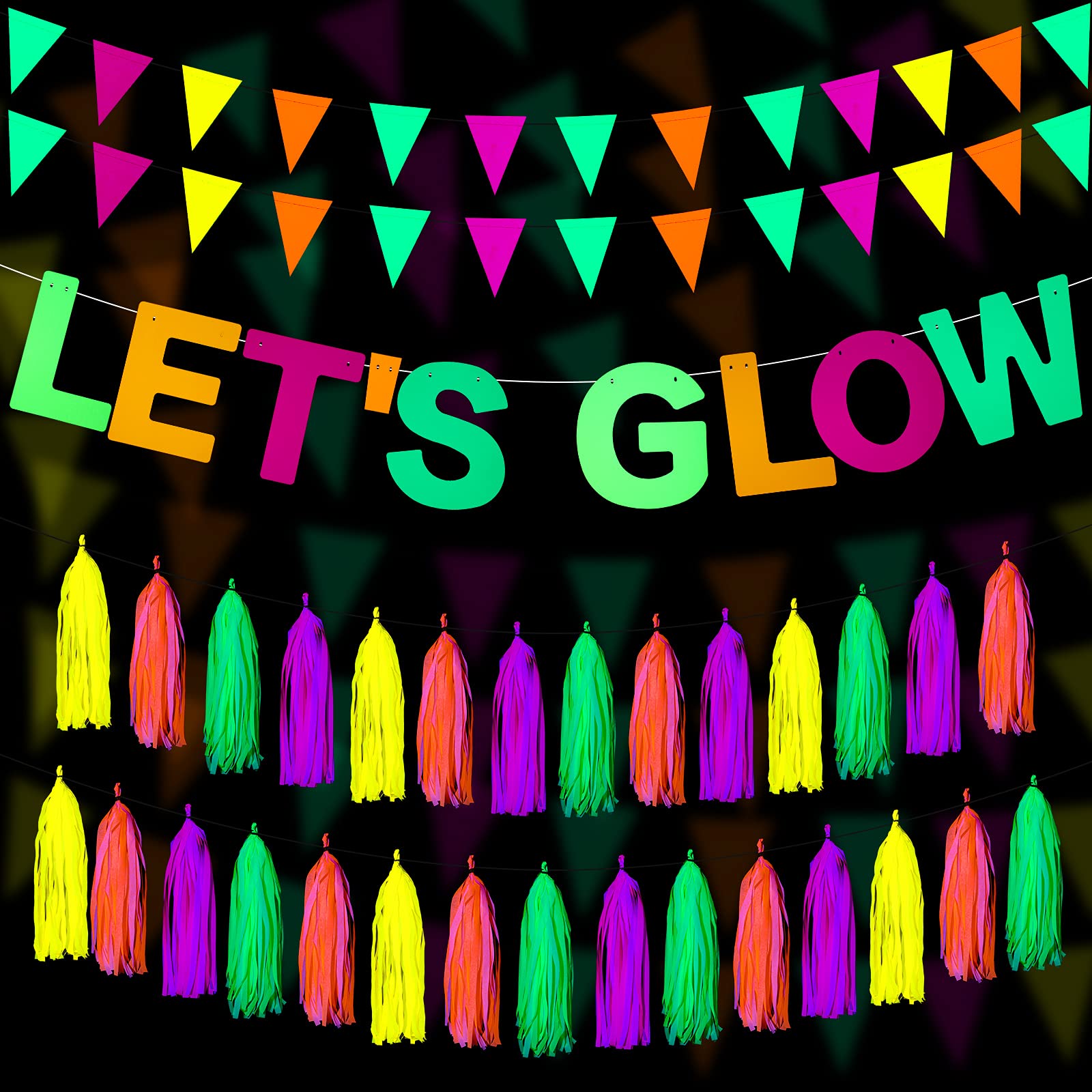Outus Neon Party Supplies Includes Lets Glow Banner 20 Pieces Neon Paper Tassels and Neon Triangle Flag Glow in The Dark Party 