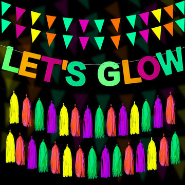 Outus Neon Party Supplies Includes Lets Glow Banner 20 Pieces Neon Paper Tassels and Neon Triangle Flag Glow in The Dark Party 