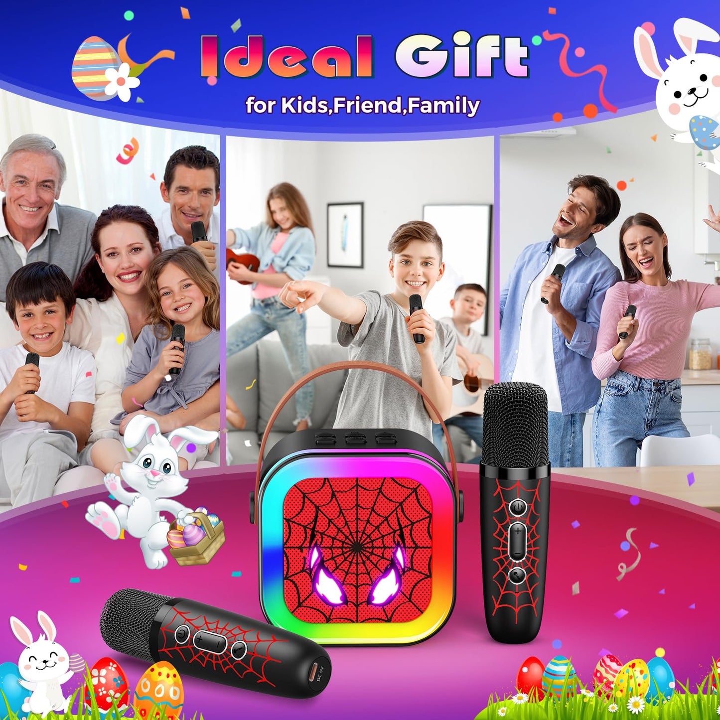 LED Mini Karaoke Machine for Kids: Easter Birthday Gifts for Boys 3 4 5 6 7 8 9 10 Year Old Kid Microphone Toys for Boy Ages 4-8 Portable Bluetooth Speaker with 2 Wireless Mics for Kids Girls mature-themed