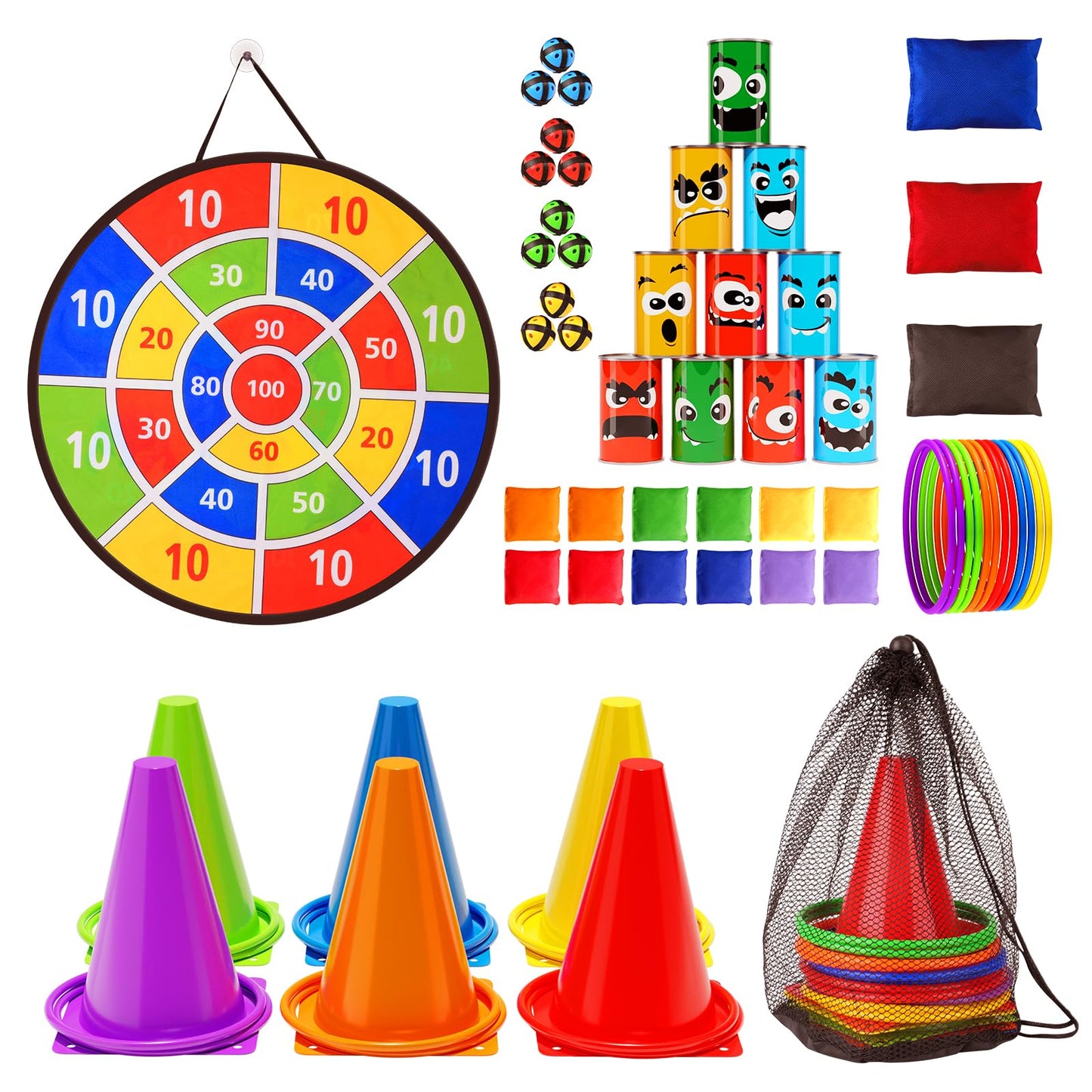 58Pcs Carnival Games Combo Set, Dart Board Games Knock Down Can Games Bean Bag Toss Game Party Games Indoor Outdoor Birthday Par