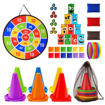 58Pcs Carnival Games Combo Set, Dart Board Games Knock Down Can Games Bean Bag Toss Game Party Games Indoor Outdoor Birthday Par