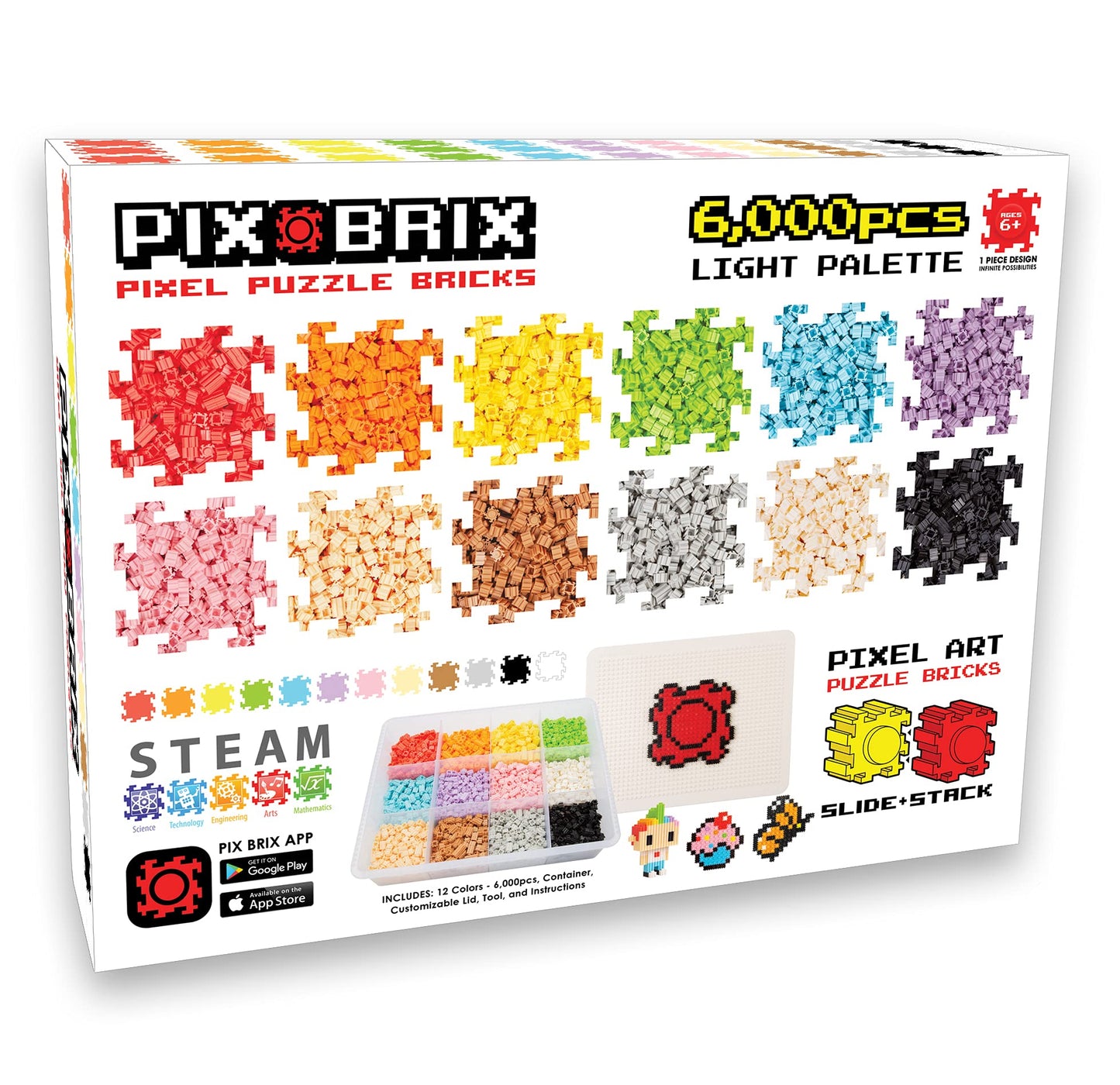 Pix Brix Pixel Art Puzzle Bricks - 6 000 Piece Pixel Art Container  12 Color Light Palette - Interlocking Building Bricks  Create 2D and 3D Builds Without Water or Glue - Stem Toys  Ages 6 Plus