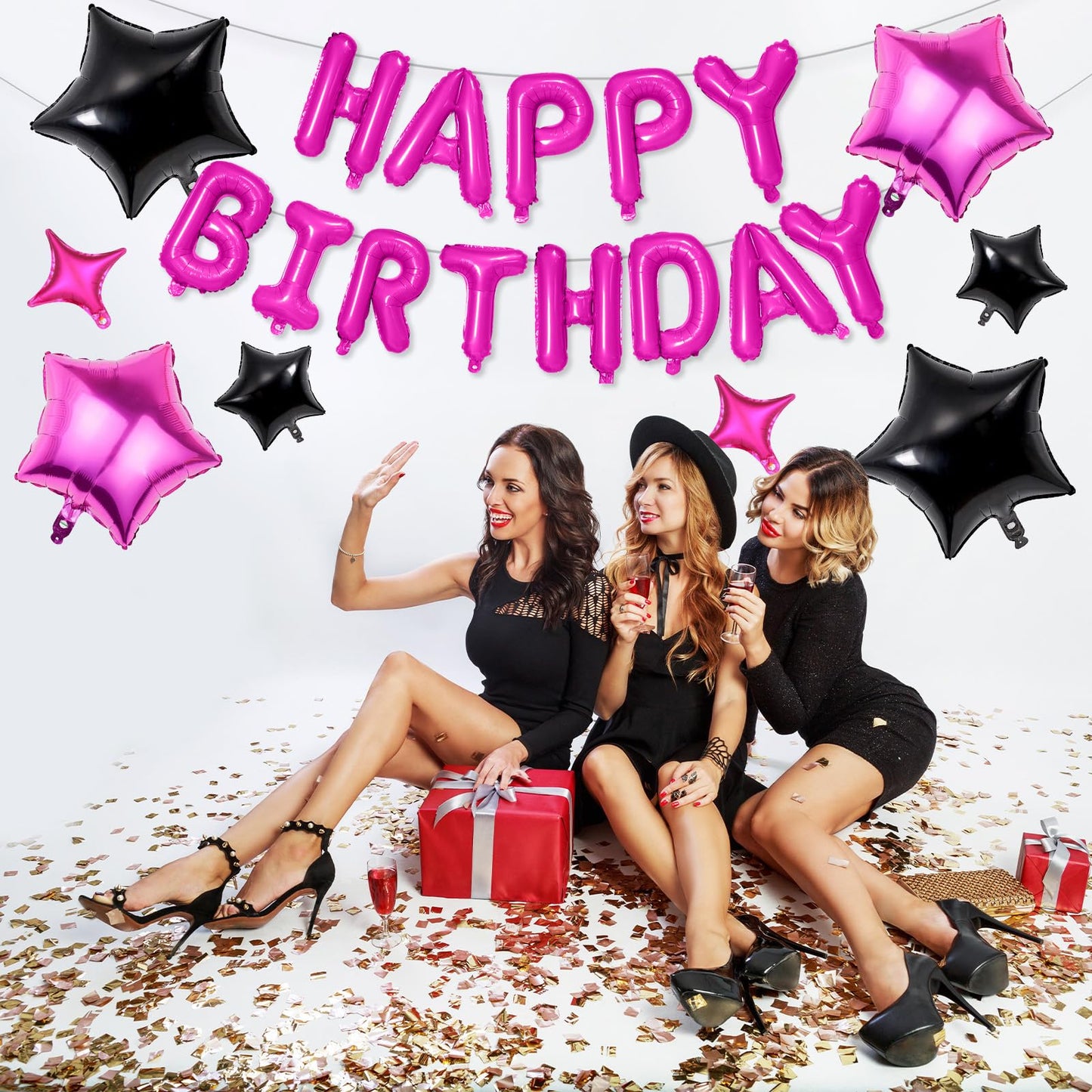 Happy Birthday Balloons Banner, Hot Pink Black Happy Birthday Foil Balloons 16 Inch Mylar Foil Letter Balloons With 8 Pcs Hot Pi