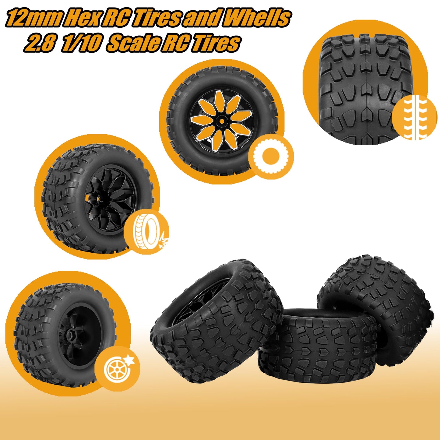 RC Station 12mm Hex RC Wheels and Tires 1/10 Scale 2.8 RC Truck Tires and Wheels for Traxxas Rustler Stampede Hoss E-Revo 2wd 4x