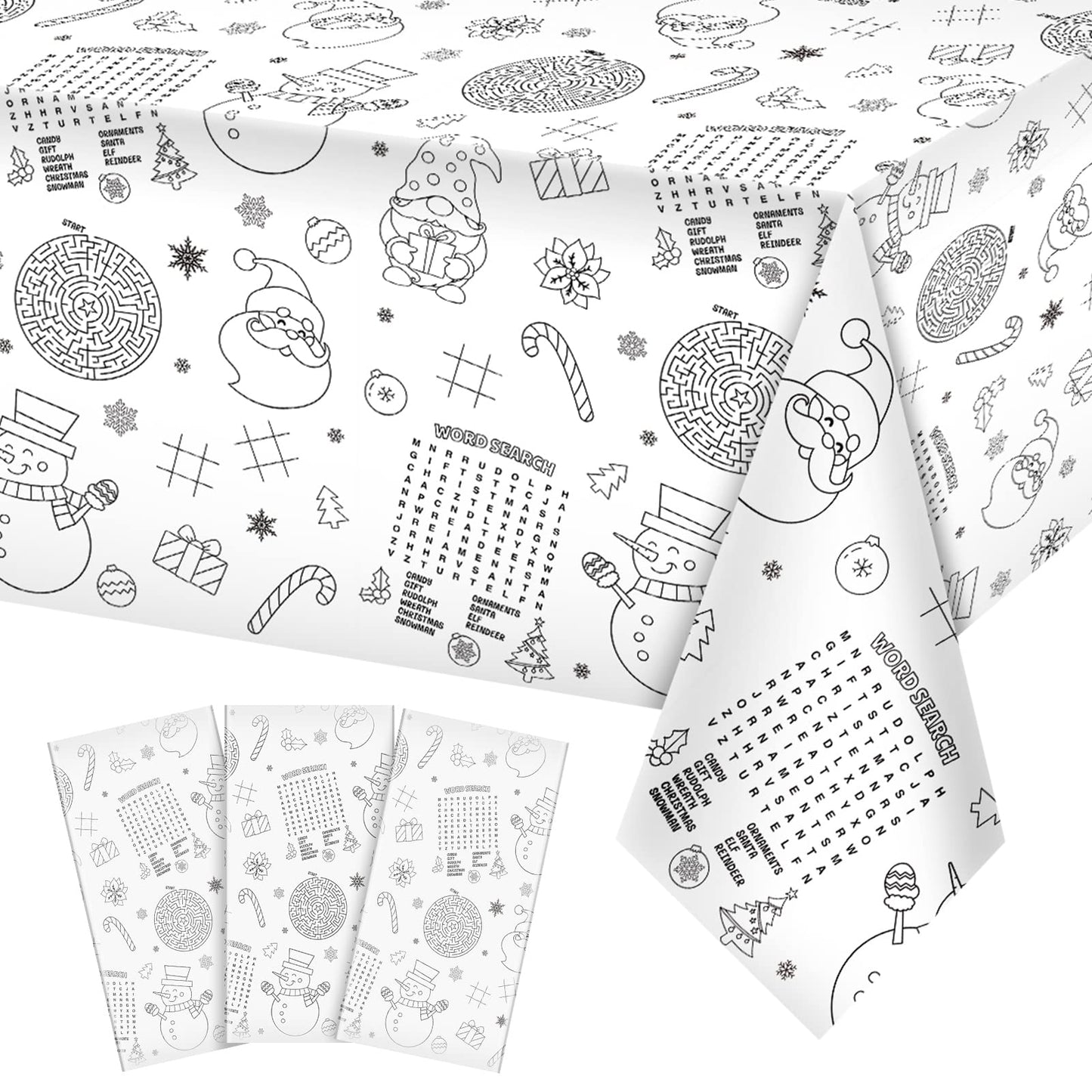 3 Pack Christmas Tablecloth Christmas Activity Paper Tablecloth Santa Claus Snowman Gnome Color-in Paper Disposable Tablecover f